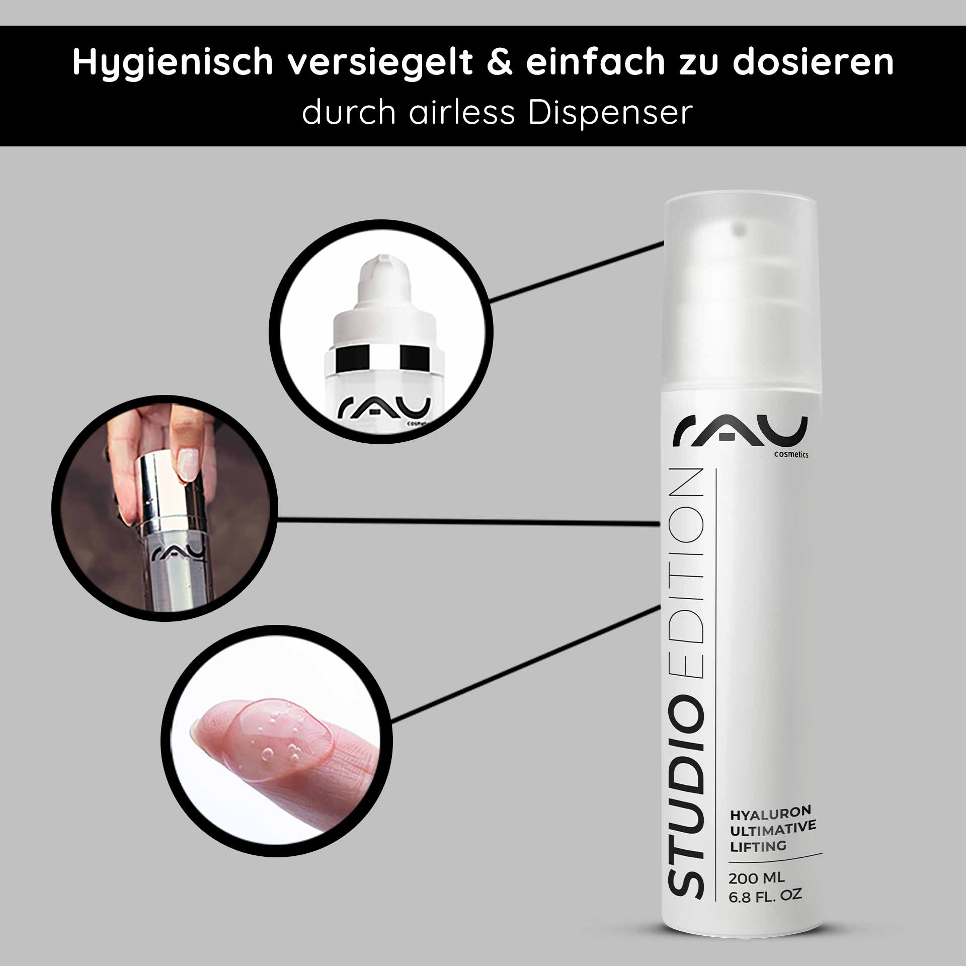 Гель с гиалуроновой кислотой Hyaluron Ultimate Lifting 200 мл RAU Cosmetics Hyaluron Ultimative Lifting Gel im Airless-Spender mit hygienischer Verpackung, Anwendung mit der Fingerspitze und Produktdetails, die die Anti-Aging-Vorteile hervorheben.