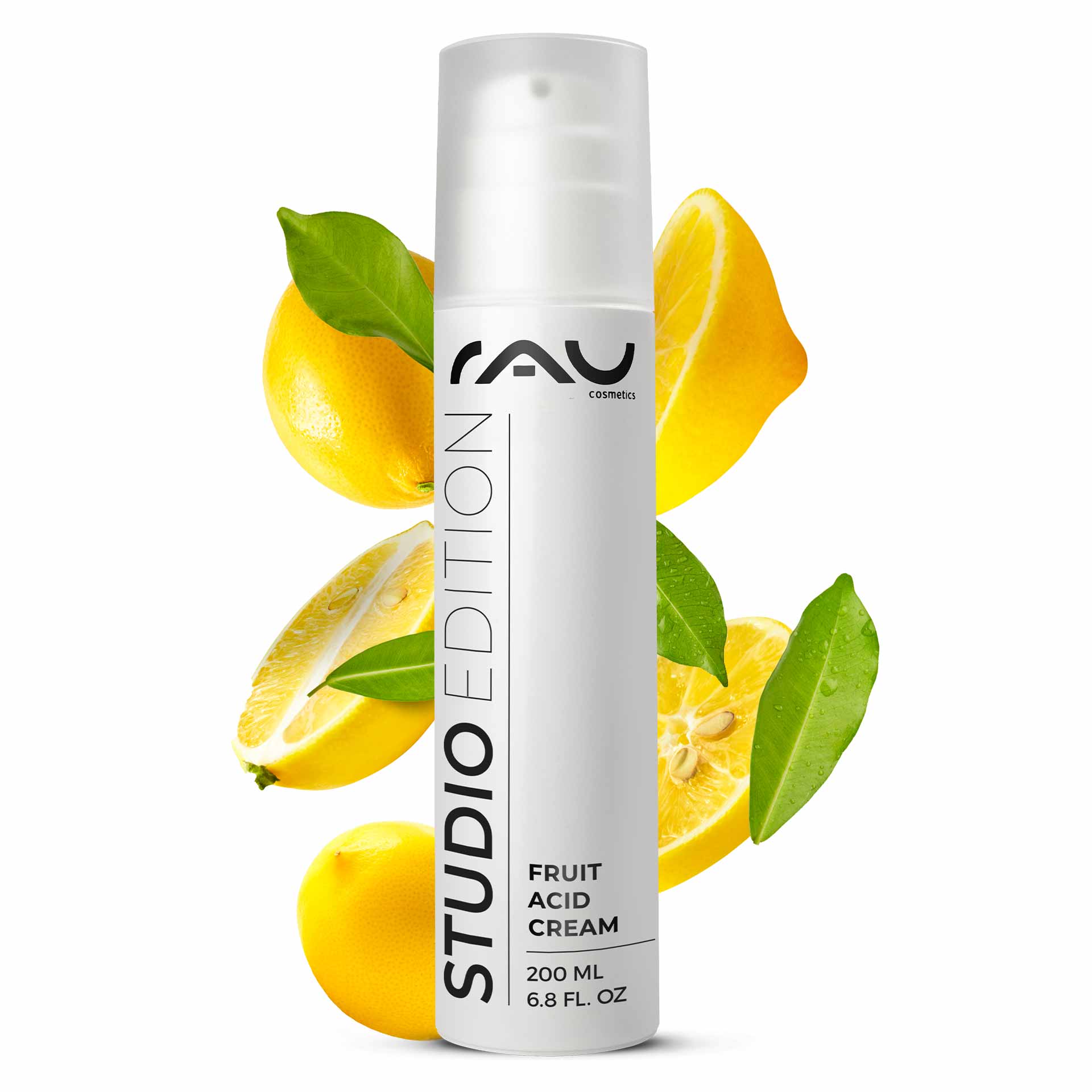 Крем с фруктовыми кислотами 200 мл Крем с фруктовыми кислотами BHA RAU Cosmetics Fruchtsäurecreme, 200-ml-Verpackung mit Zitronenscheiben und grünen Blättern, die die Peeling-Eigenschaften und die Vorteile für die Hautpflege hervorheben.