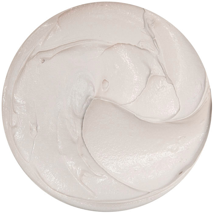 Moussige Gesichtsmaske in runder Schale, hellgrau, cremige Textur, geeignet für unreine und empfindliche Haut, unterstützt die Hautberuhigung und pH-Wert-Regulierung.