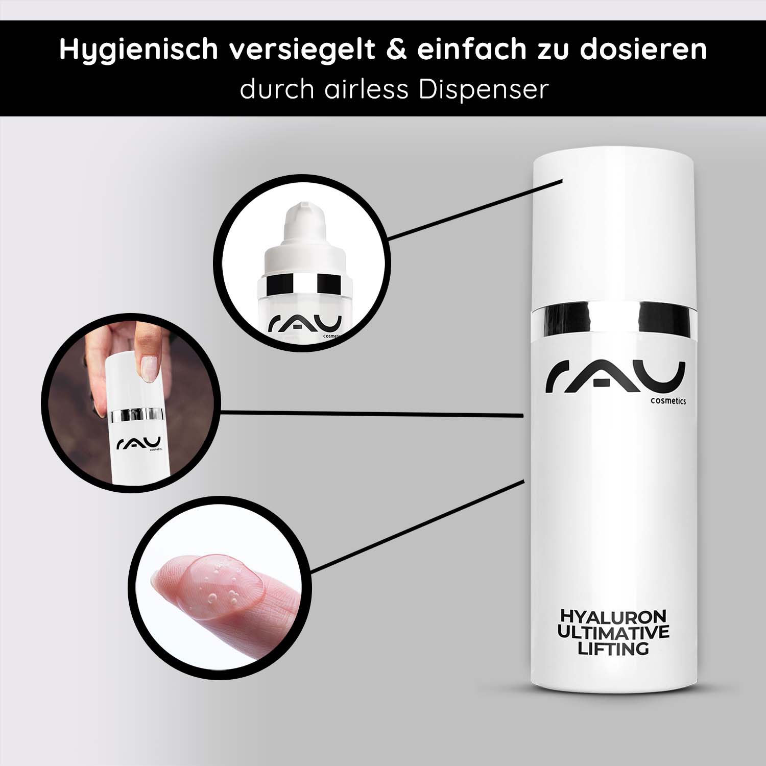 Hyaluron Ultimate Lifting 50 мл Гиалуроновый лифтинг-гель Hyaluron Ultimative Lifting Serum im Airless-Spender mit hygienischer Versiegelung, einfacher Dosierung und gelartiger Textur, entwickelt für feuchtigkeitsspendende und Anti-Aging-Vorteile bei trockener Haut.
