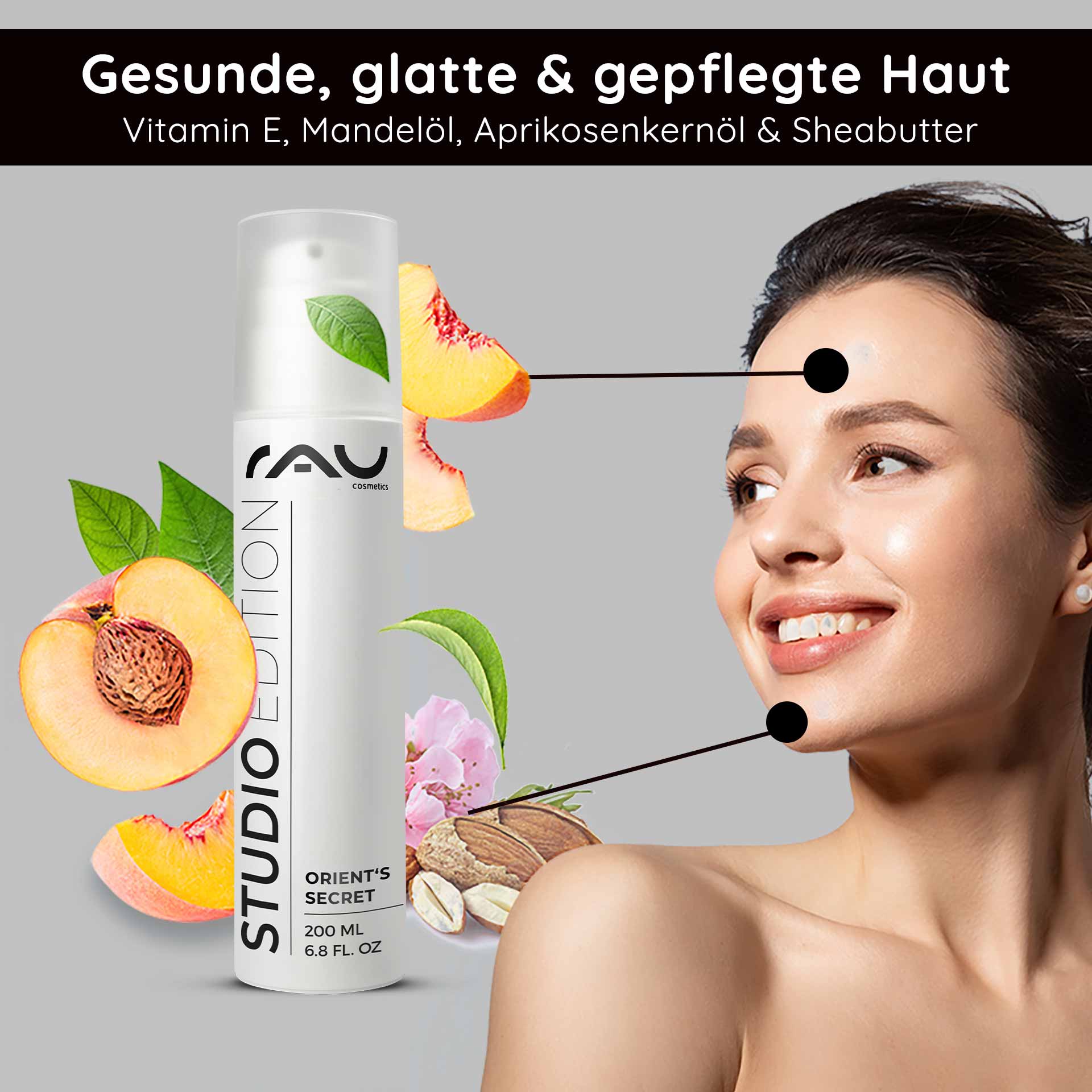 Orient's Secret 200 мл с пудрой амнетиста Flasche der Gesichtscreme Orient‘s Secret von RAU Cosmetics mit Pfirsich- und Mandelabbildungen, die die Vorteile für gesunde, glatte Haut mit Vitamin E, Mandelöl, Aprikosenkernöl und Sheabutter hervorheben.