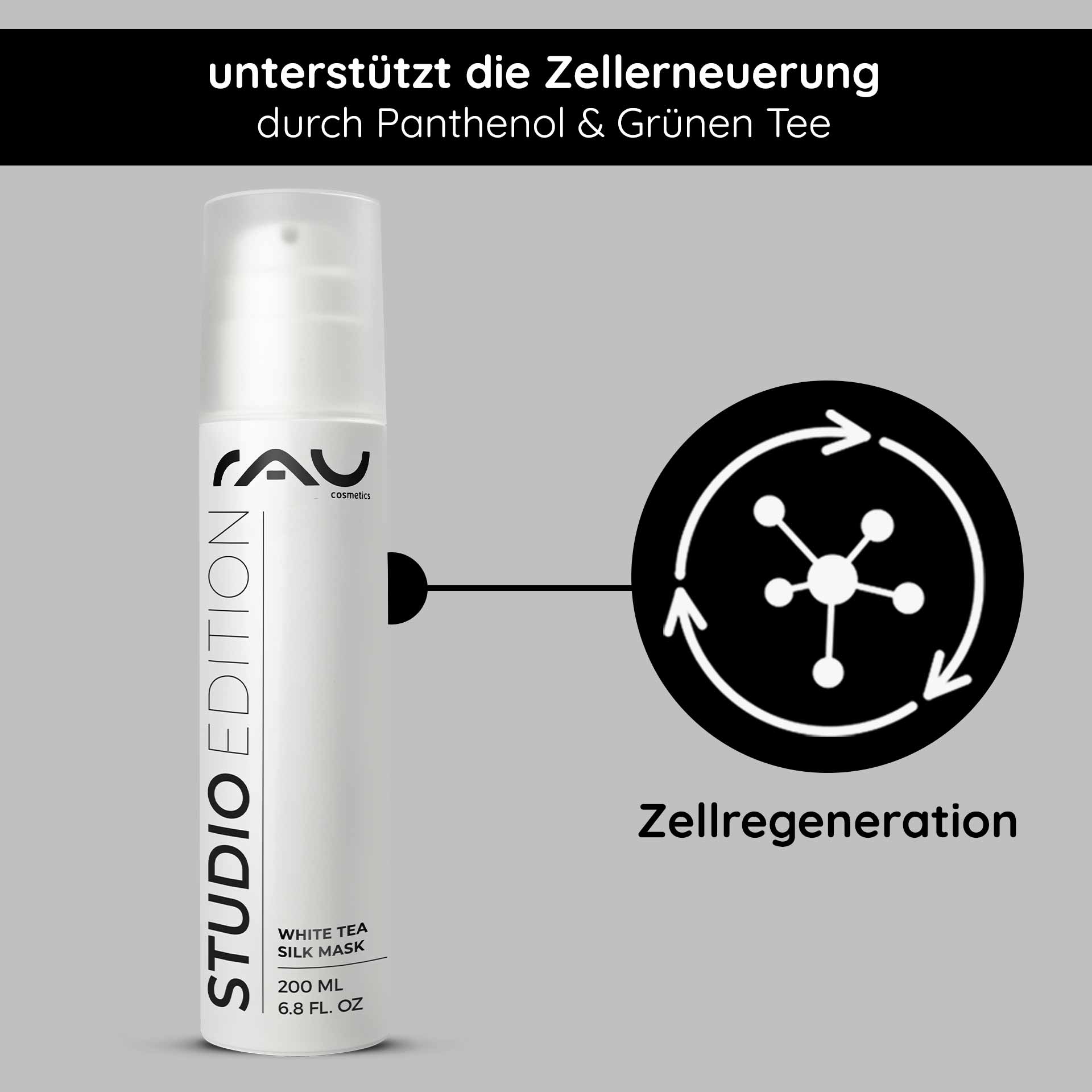 Шелковая маска с белым чаем 200 мл Rich Cream & Mask RAU White Tea Silk Mask, 200-ml-Flasche mit Text, der die durch Panthenol und grünen Tee unterstützte Zellregeneration hervorhebt, auf grauem Hintergrund.