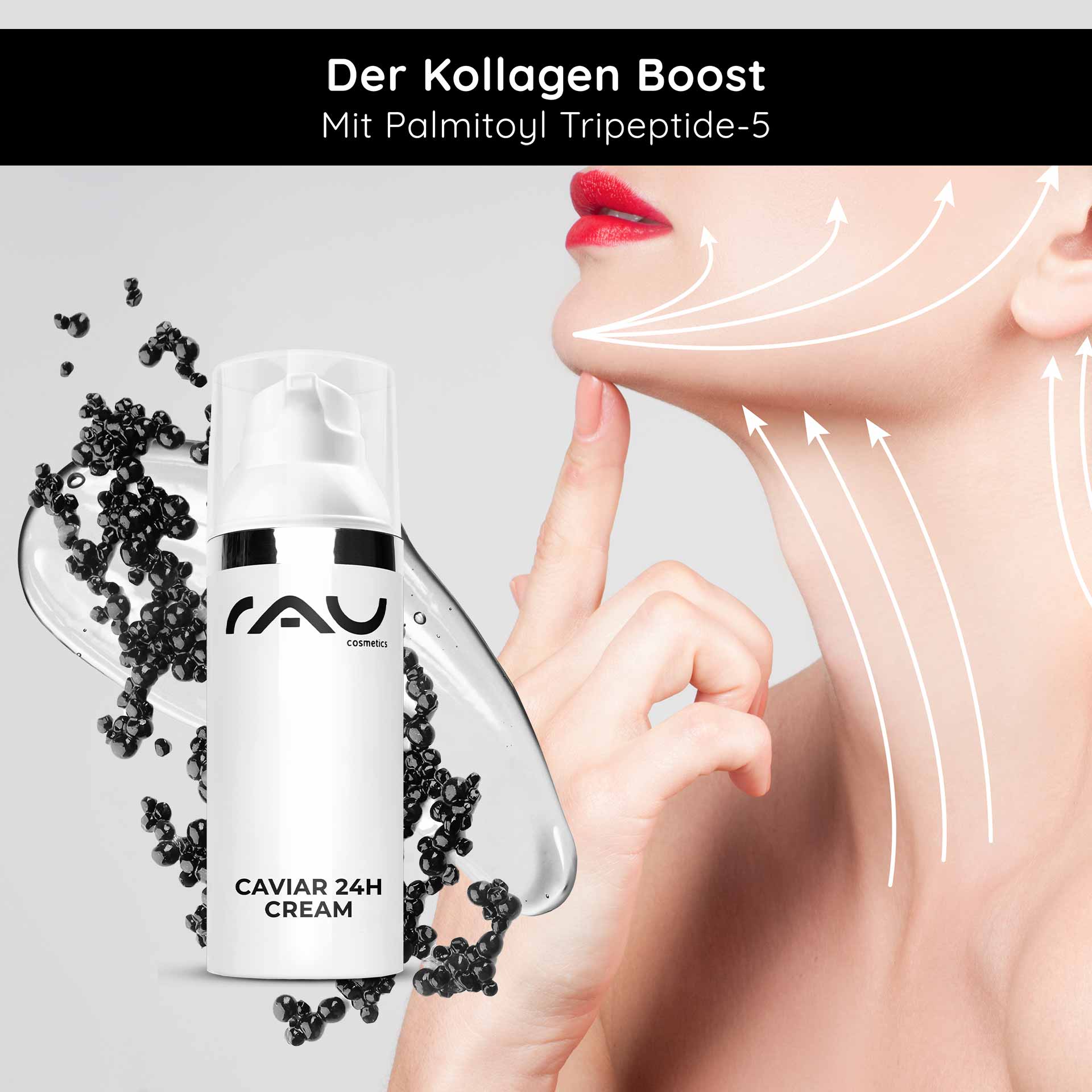 Caviar 24h Cream 50 мл Уход за кожей с экстрактом икры Caviar 24h Cream von RAU Cosmetics mit Palmitoyl Tripeptide-5, mit Schwerpunkt auf Kollagen-Boost und feuchtigkeitsspendender Wirkung, gezeigt wird ein Model, das Creme auf ihren Hals aufträgt.