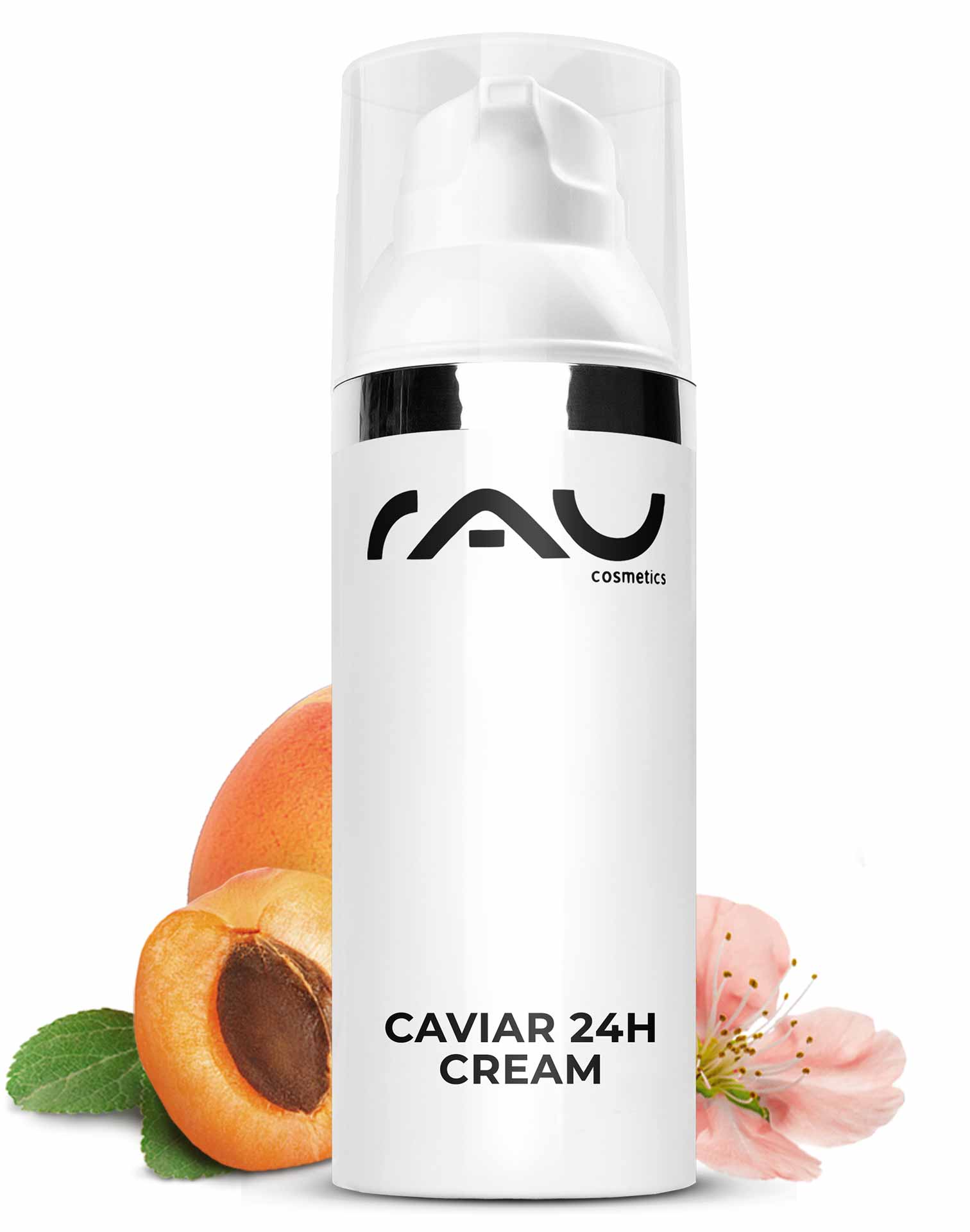 Caviar 24h Cream 50 мл Уход за кожей с экстрактом икры Flasche der RAU Cosmetics Caviar 24h Cream mit Aprikosen- und Blumenakzenten, die die Anti-Aging-Eigenschaften und die feuchtigkeitsspendende Wirkung hervorhebt.