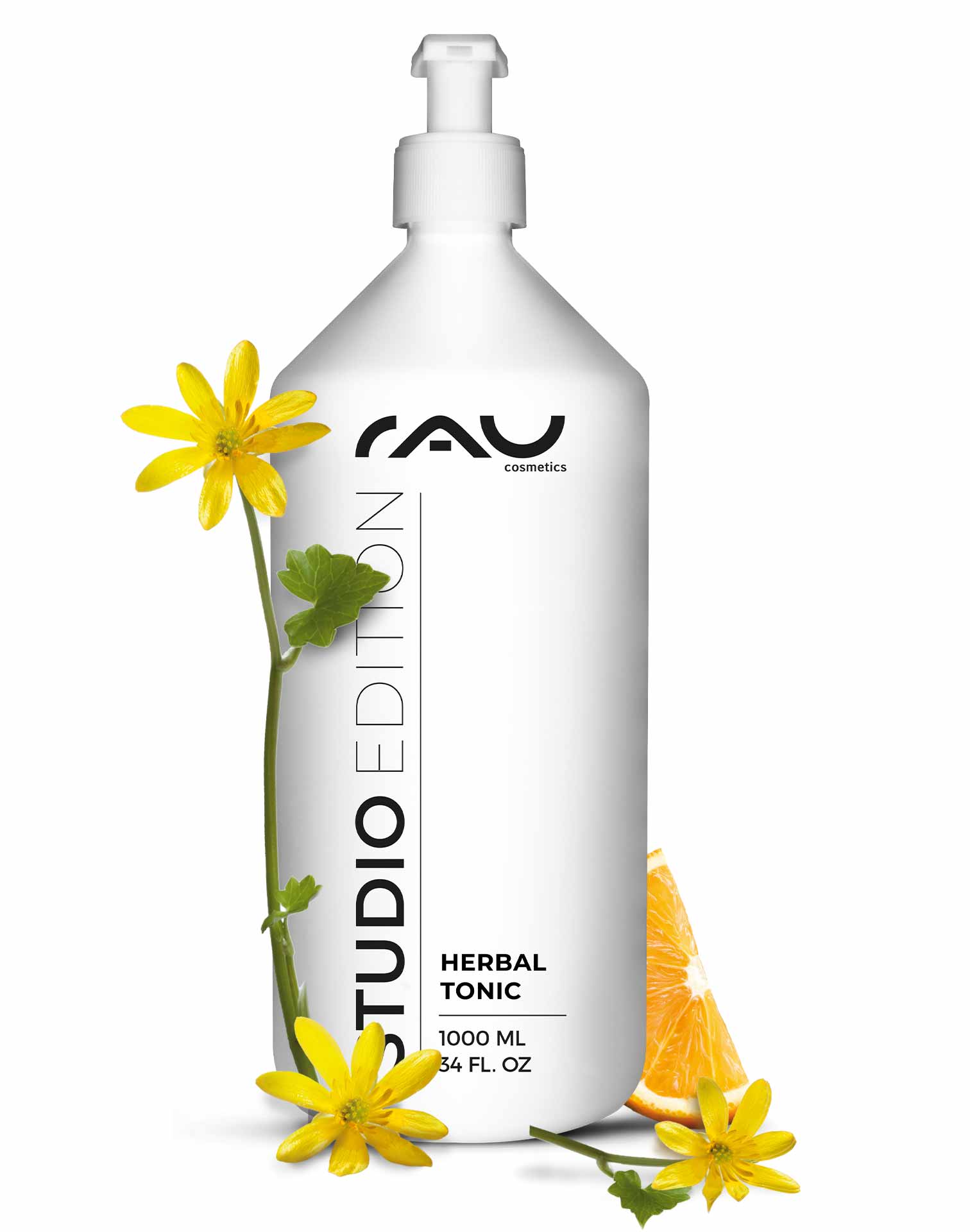 RAU beyond Herbal Tonic 1 л PROFILINE - нежный тоник для лица, созданный из лучших природных материалов RAU Cosmetics Beyond Herbal Tonic 1000 ml Flasche mit Pumpe, mit gelben Blüten und Orangenscheibe, betont alkoholfreie, sanfte Reinigung für empfindliche Haut.