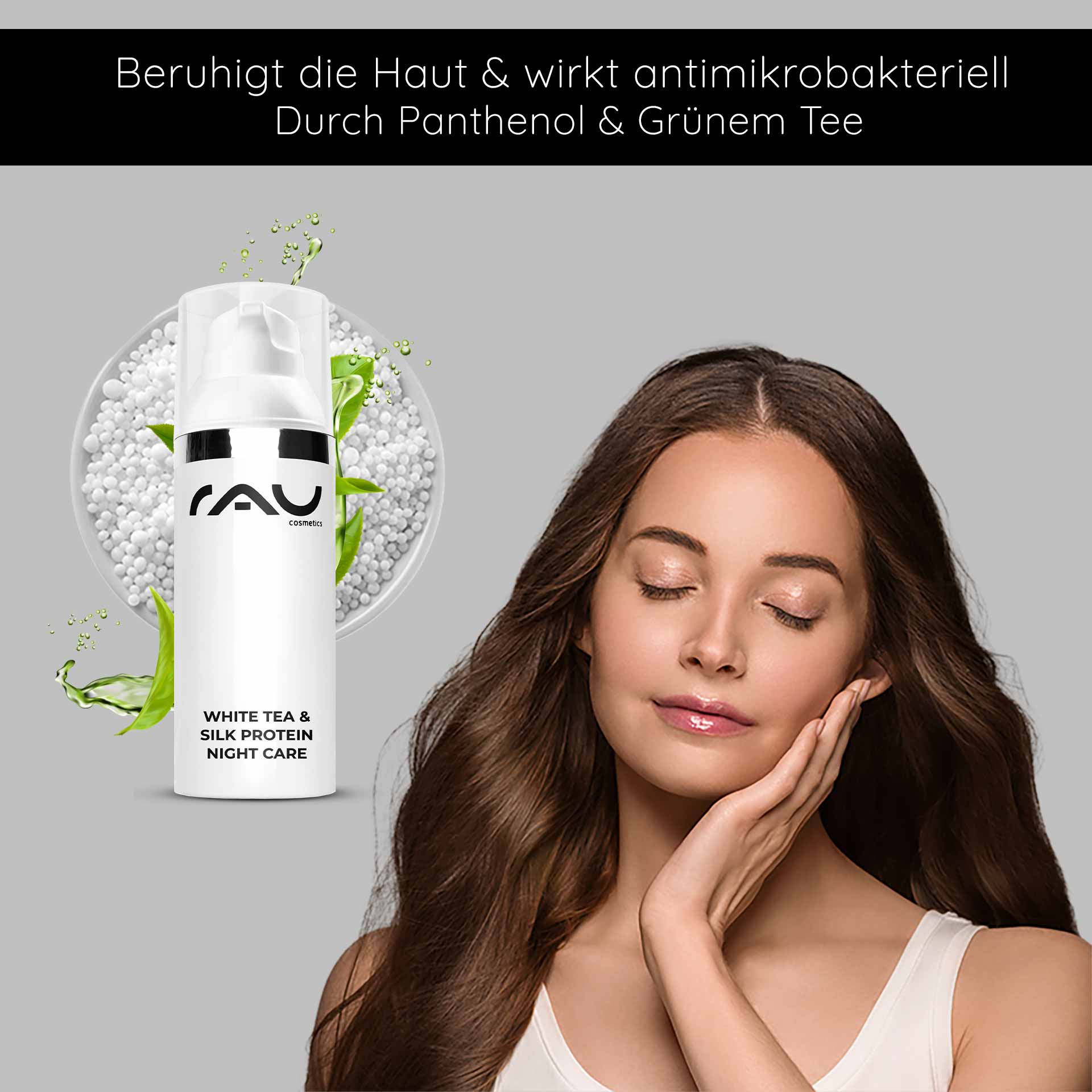 Ночной крем "Белый чай и протеины шелка" 50 мл RAU Cosmetics White Tea & Silk Protein Nachtpflegecreme mit einer Frau, die sanft ihr Gesicht berührt und die beruhigende und Anti-Aging-Wirkung des Produkts mit weißem Tee und Panthenol demonstriert.