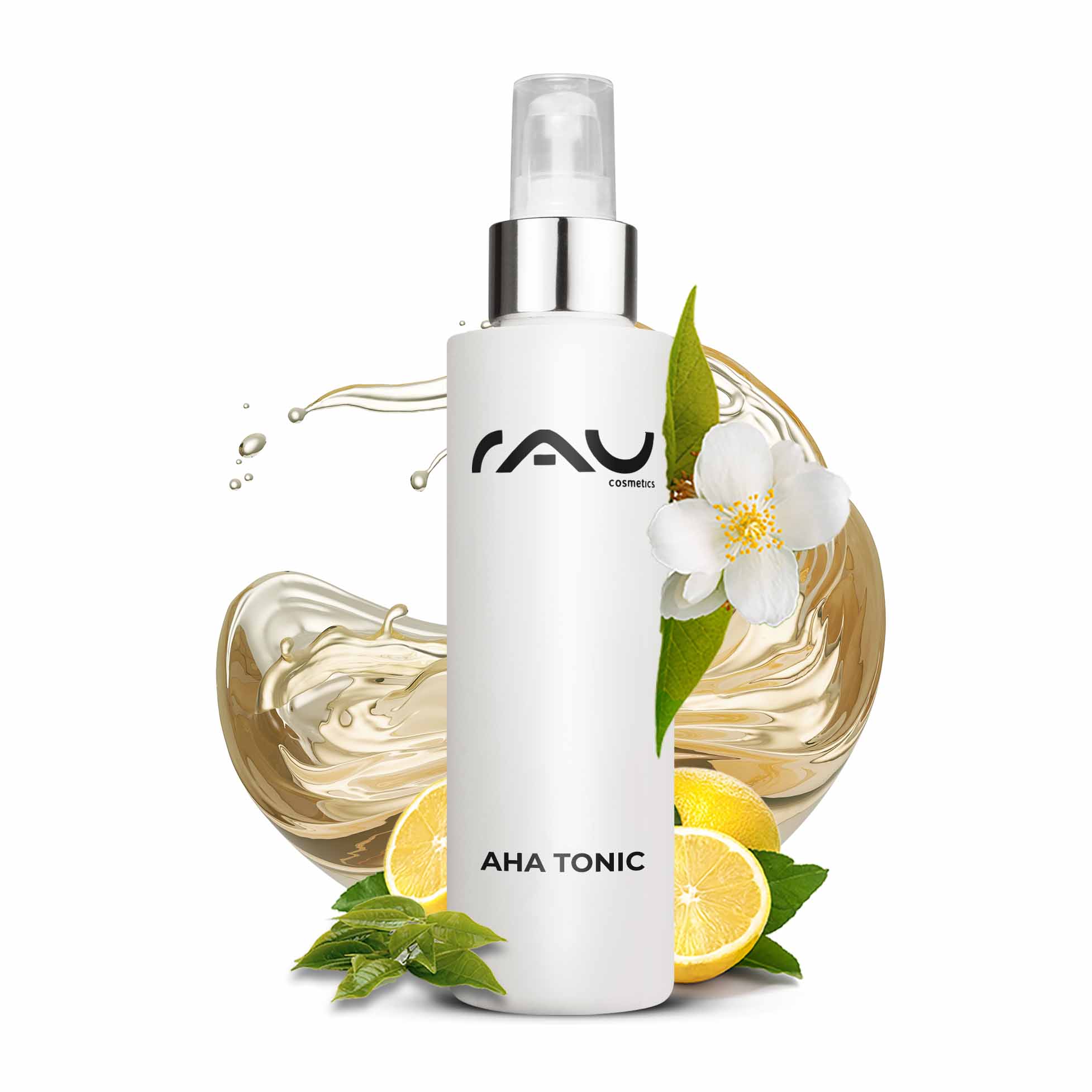 Тоник AHA 200 мл - Тоник с антивозрастным эффектом AHA Tonic 200-ml-Flasche mit weißem Etikett und RAU-Logo, umgeben von Zitronenscheiben, grünen Blättern und floralen Elementen, die die Vorteile der Hautverjüngung und des Peelings betonen.