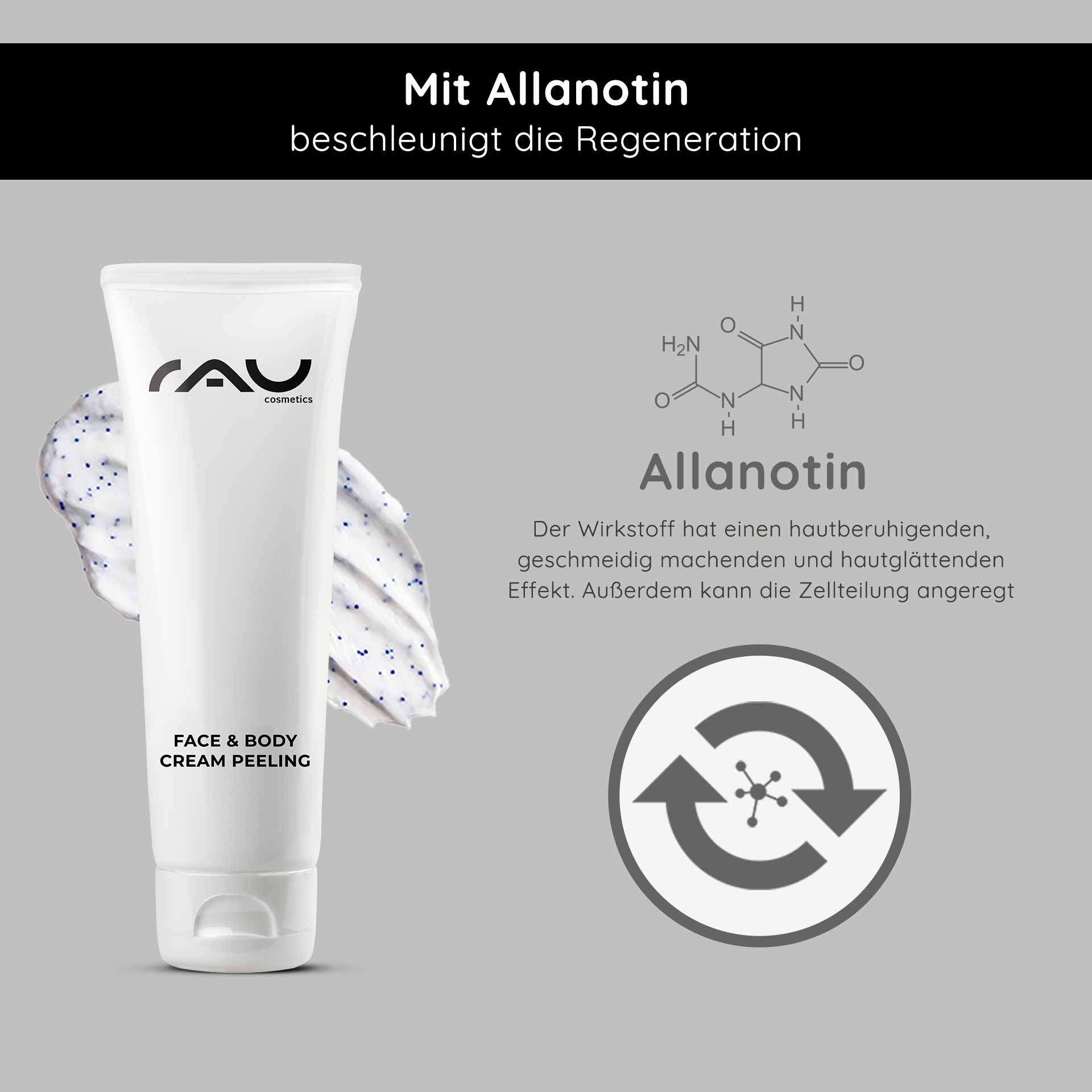 Крем-пилинг для лица и тела 75 мл Механический пилинг RAU Cosmetics Face & Body Cream Peeling-Tube mit cremiger Textur und Peelingpartikeln, mit Allantoin zur Hautregeneration und beruhigenden Wirkung, vor grauem Hintergrund mit Grafik der Molekülstruktur.
