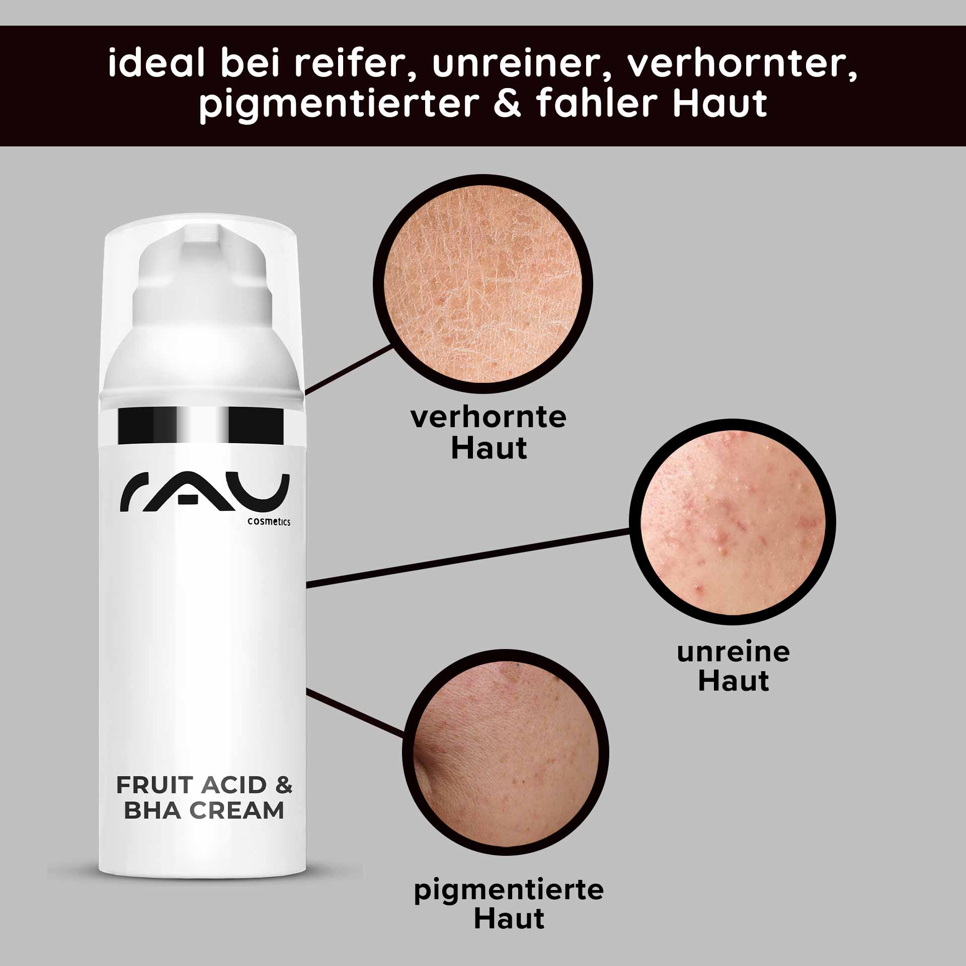 Крем с фруктовыми кислотами и BHA 50 мл - Крем с фруктовыми кислотами BHA Verpackung der RAU Cosmetics Fruit Acid & BHA Cream mit hervorgehobenen Hauttypen: verhornte, unreine, pigmentierte und fahle Haut, mit Betonung der Vorteile für reife und problematische Haut.