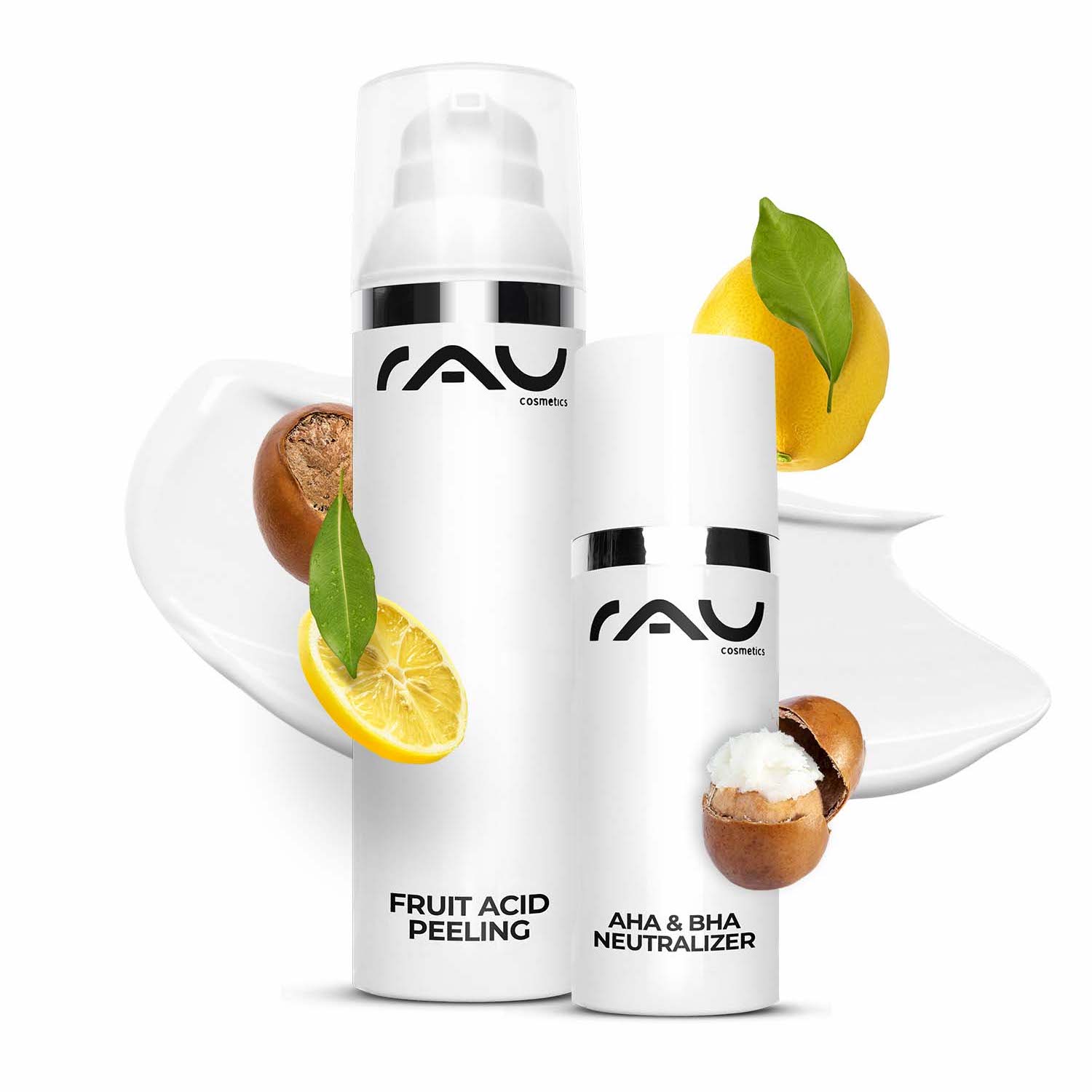 Flaschen mit Fruchtsäurepeeling und AHA & BHA-Neutralisator von RAU Cosmetics mit Zitrone und Macadamianüssen, die natürliche Hautpflegebestandteile für ein effektives Peeling und eine Hautverjüngung hervorheben.