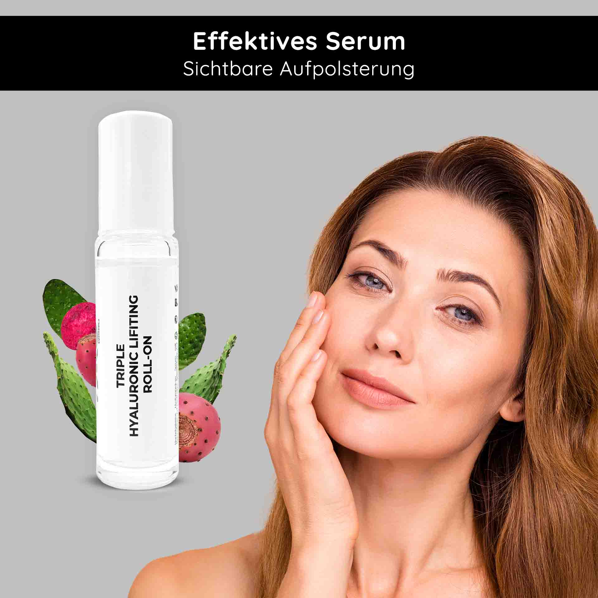 Ампулы с гиалуроновой кислотой 10х2 мл 3-кратного действия Dreifach-Hyaluron-Lifting-Serum-Roll-On 10 ml mit einer Frau, die Serum auf ihr Gesicht aufträgt, umgeben von Kaktusfrüchten, wodurch die effektiven Anti-Aging- und Feuchtigkeitsvorteile hervorgehoben werden.