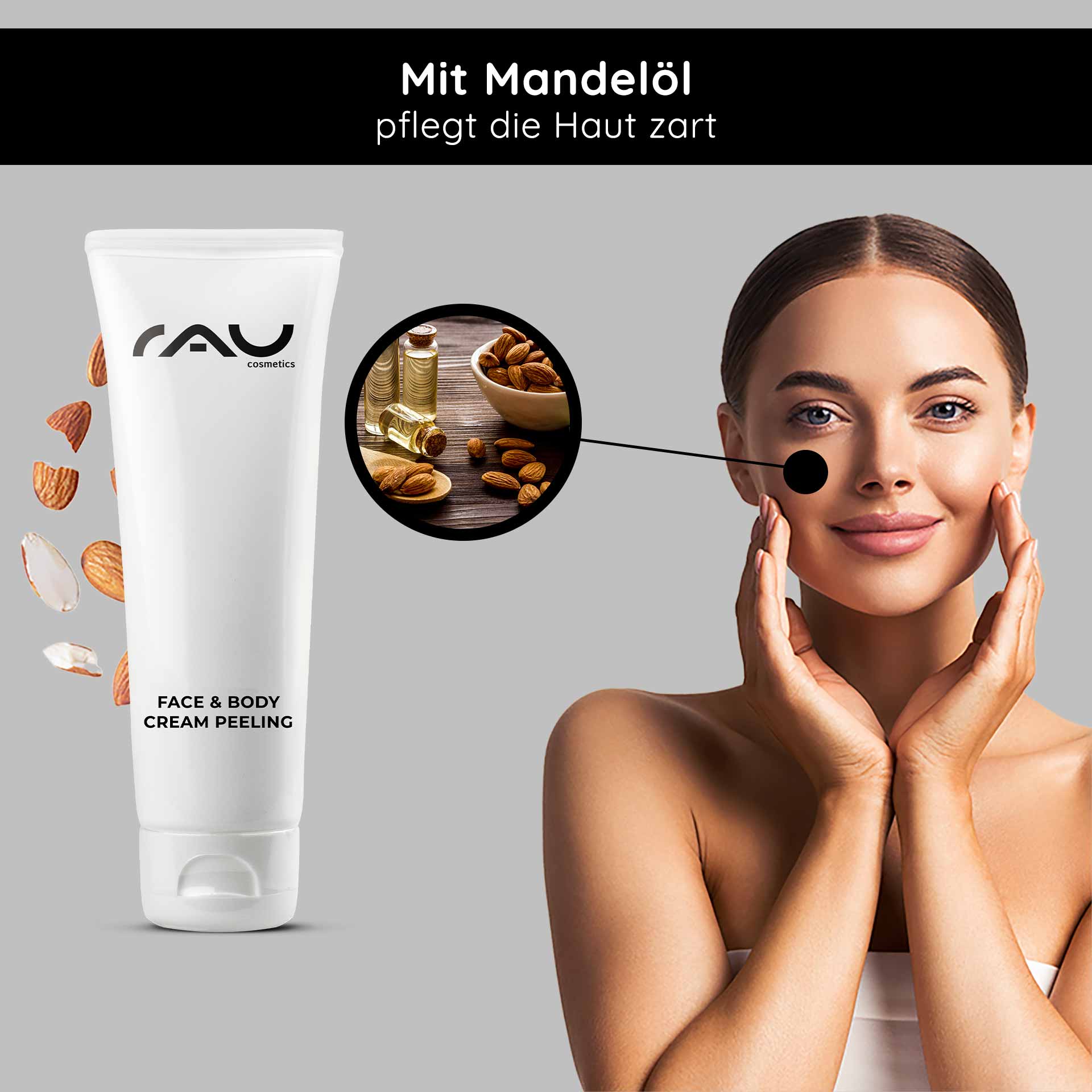 Крем-пилинг для лица и тела 75 мл Механический пилинг RAU Cosmetics Gesichts- und Körpercreme-Peelingtube mit Mandelöl, Frau trägt Produkt auf ihr Gesicht auf, Hautpflegefokus, sanfte Peeling-Vorteile.