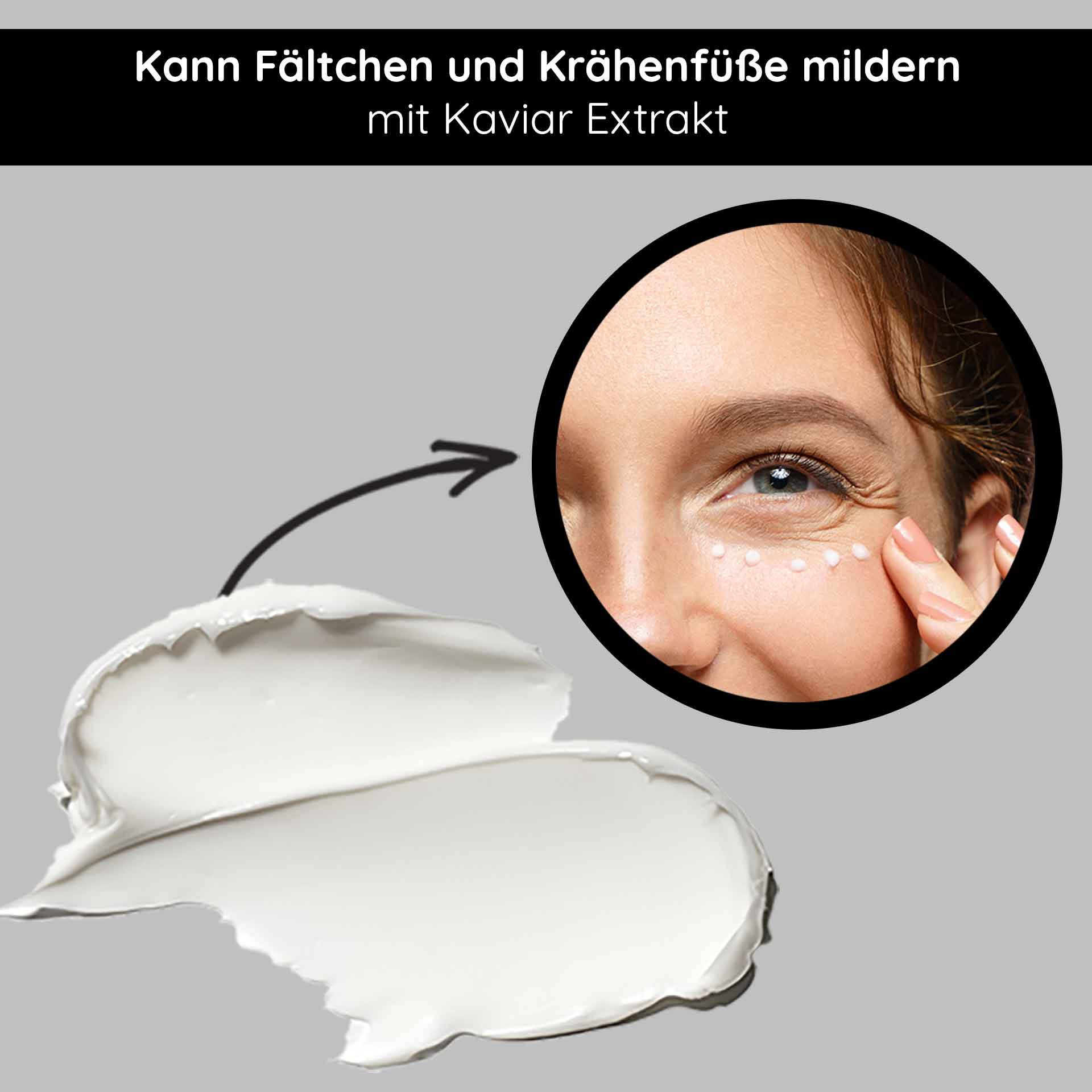 Крем для кожи вокруг глаз Caviar Eye Cream 15 мл для зрелой кожи вокруг глаз Kaviar Augencreme mit Anti-Aging Effekt, Anwendung auf der Augenpartie zur Minderung von Fältchen und Krähenfüßen, feuchtigkeitsspendende Textur.