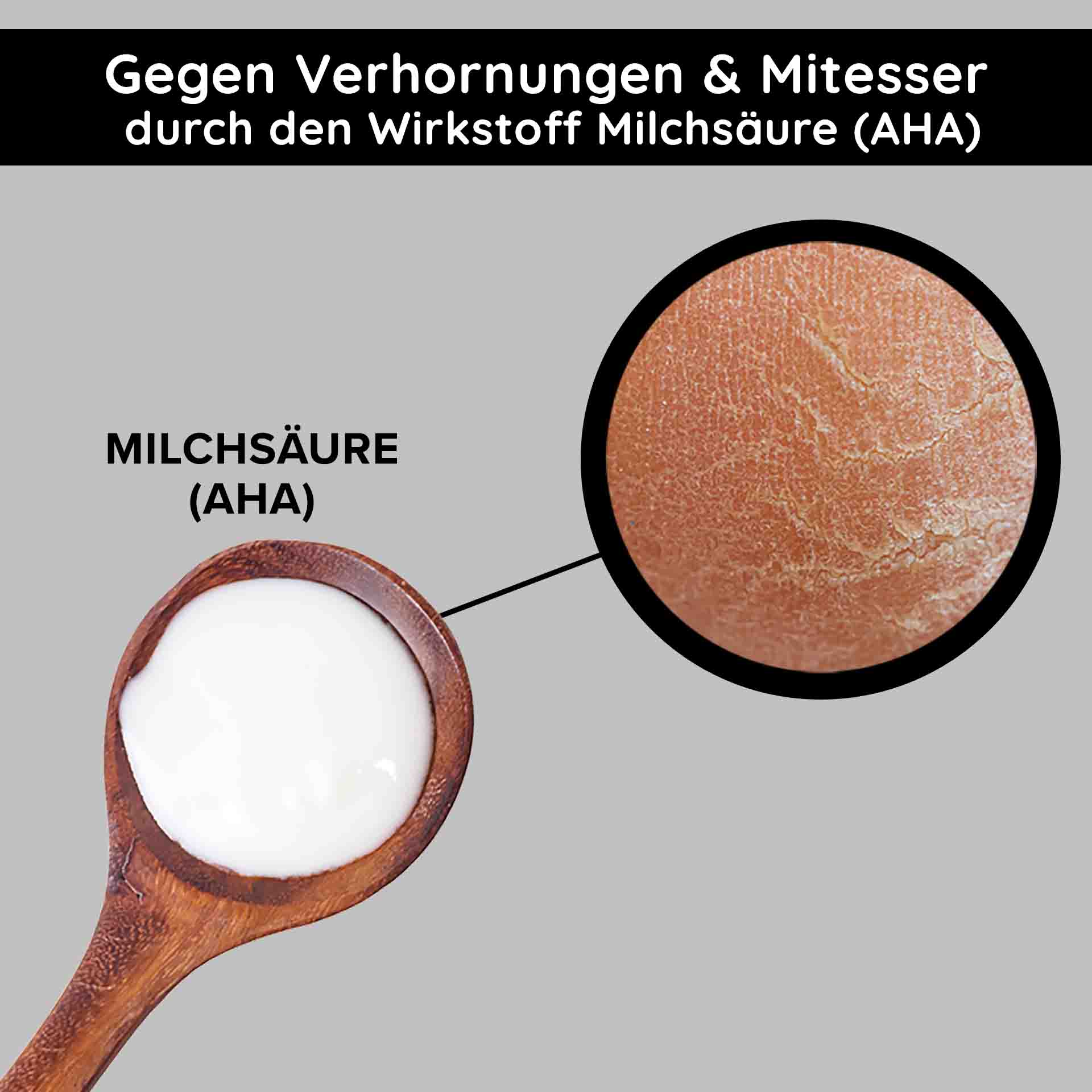 Дневной крем для тусклого цвета лица O2 Moist Fluid 50 мл Milchsaüre (AHA) in Holzlöffel mit Nahaufnahme von Hauttextur, betont die Wirkung gegen Verhornungen und Mitesser für verbesserte Hautpflege.