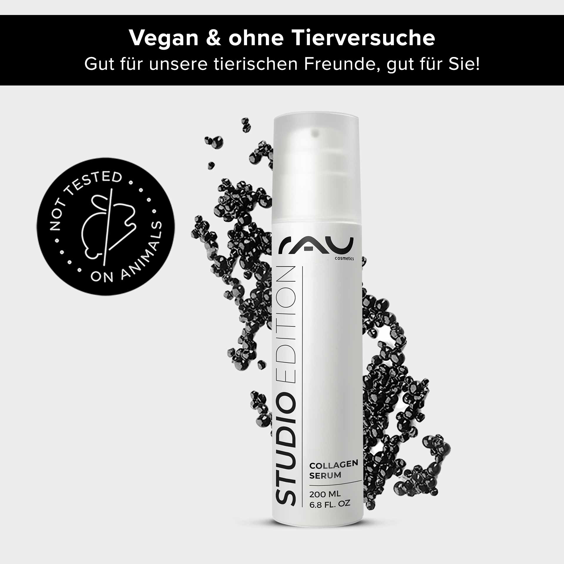Caviar 24h Cream 200 мл Уход за кожей с экстрактом икры RAU Cosmetics Collagen Serum in einer 200-ml-Flasche mit veganem Etikett, schwarzen Blasen und dem Emblem „Nicht an Tieren getestet“, das die Vorteile für die Hautpflege hervorhebt.
