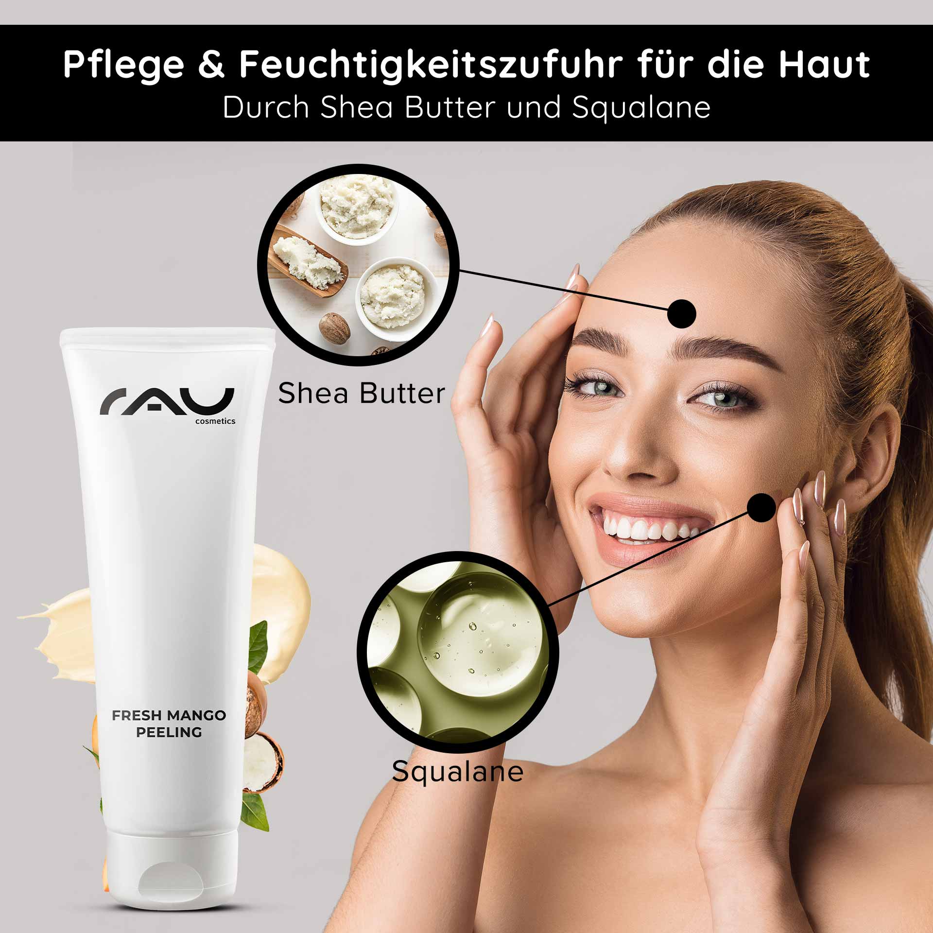 Fresh Mango Peeling 75 мл Энзимный пилинг с ароматом манго Tube mit frischem Mango-Peeling von RAU Cosmetics, die die Vorteile von Sheabutter und Squalan hervorhebt. Lächelnde Frau beim Auftragen der Hautpflege, wobei die Feuchtigkeitsversorgung und das sanfte Peeling für alle Hauttypen im Vordergrund stehen.