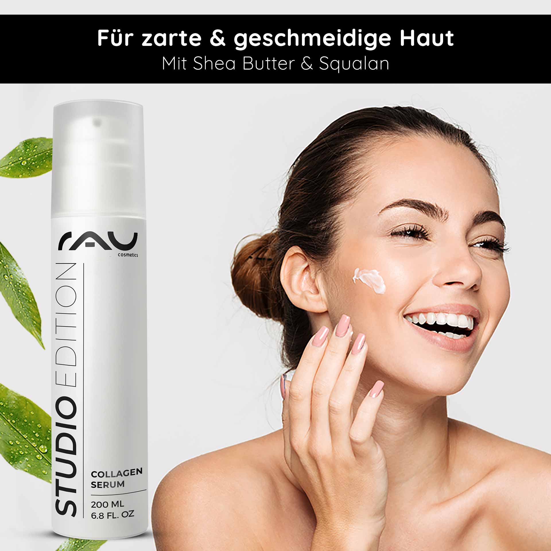 Caviar 24h Cream 200 мл Уход за кожей с экстрактом икры Flasche RAU Cosmetics Collagen Serum mit Sheabutter und Squalan, Frau trägt Creme auf ihr Gesicht auf, fördert weiche und glatte Haut, Vorteile für die Hautpflege.