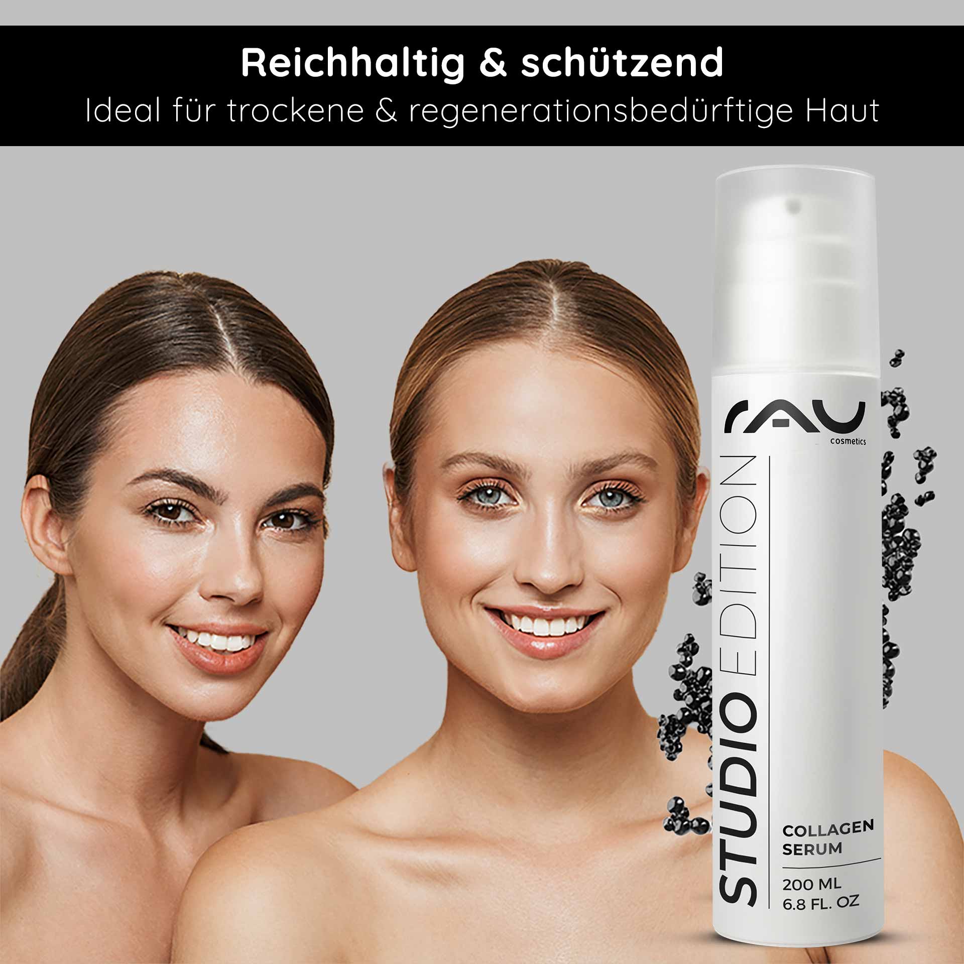 Caviar 24h Cream 200 мл Уход за кожей с экстрактом икры Zwei Frauen mit strahlenden Gesichtern, die gesunde Haut zeigen, neben einer Flasche RAU Cosmetics Collagen Serum, betont die Vorteile für trockene und regenerationsbedürftige Haut.