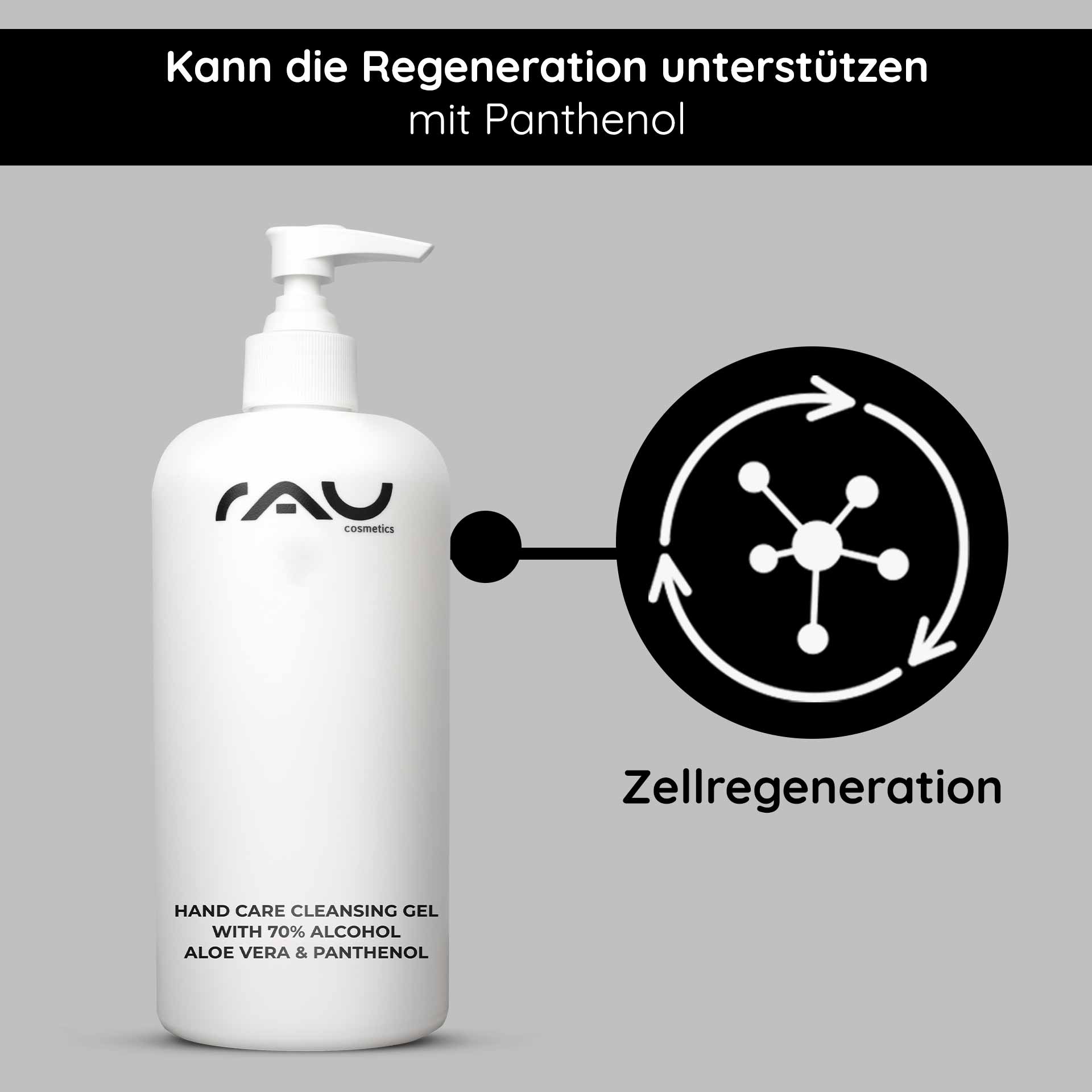 Очищающий гель для рук 500 мл Дезинфекция и уход Flasche mit Pumpe des Hand Care Cleansing Gels von RAU Cosmetics mit 70 % Alkohol, Aloe Vera und Panthenol, das die Vorteile der Hautregeneration betont.