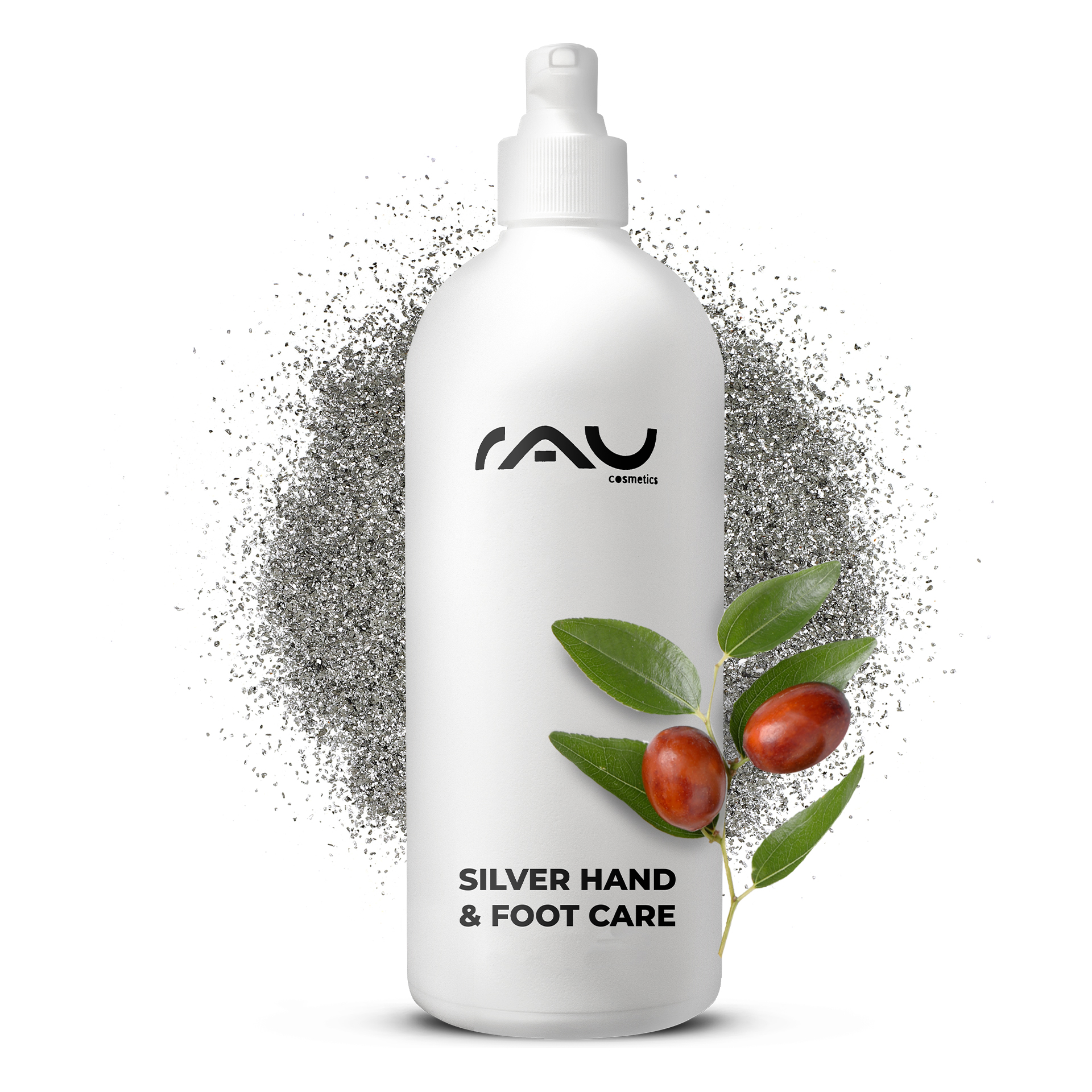 Крем для рук и ног Silver Hand & Foot Care 500 мл Flasche der RAU Silver Hand & Foot Care mit Sprühkopf, umgeben von Silberpartikeln und Jojobablättern, betont die pflegenden Eigenschaften für Hände und Füße.