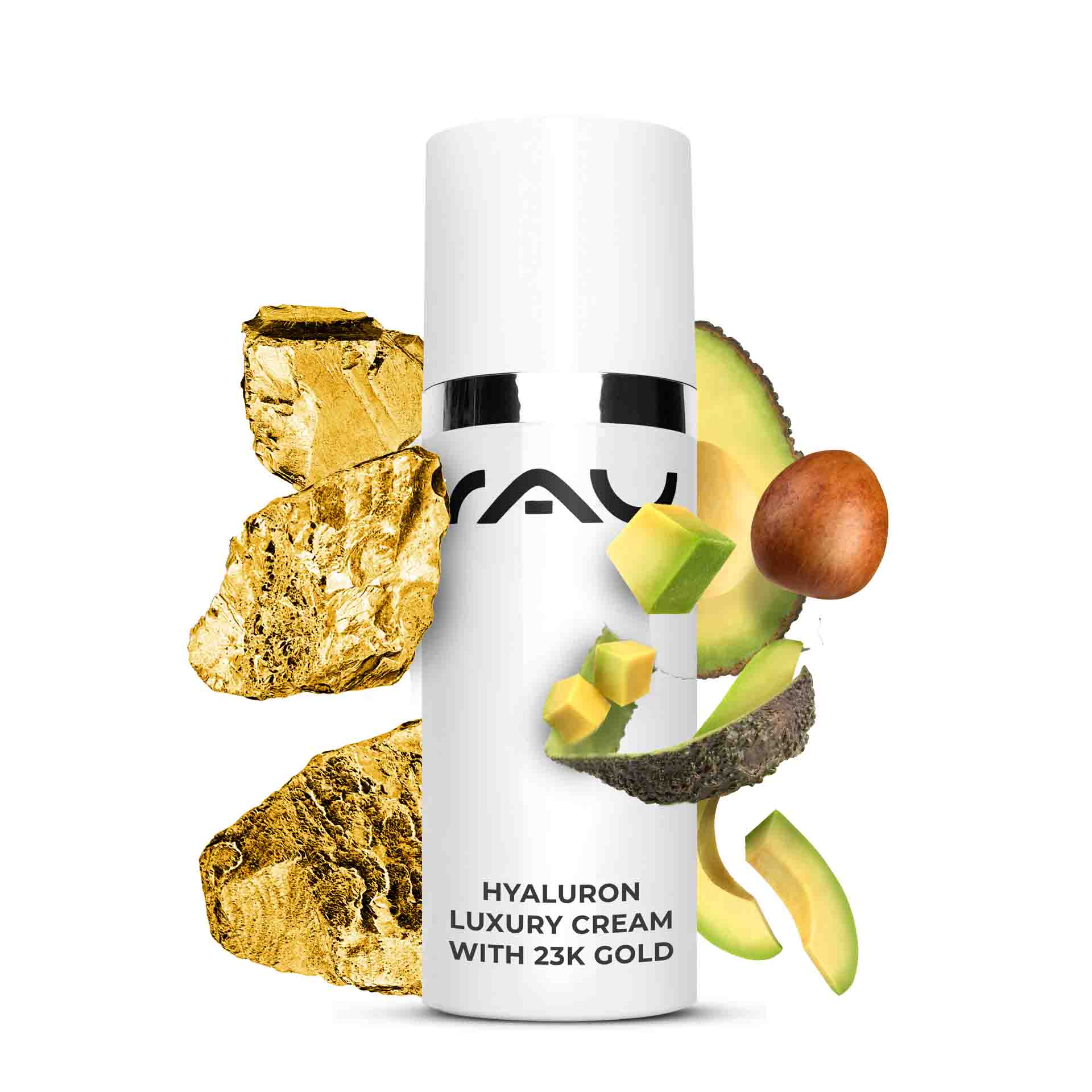 Антивозрастной крем Hyaluron Luxury Cream с 23-каратным золотом 50 мл Hyaluron-Luxuscreme mit 23 Karat Gold, mit Goldpartikeln und Avocado, fördert die Feuchtigkeitsversorgung und hat Anti-Aging-Vorteile, ideal für trockene Haut, von RAU Cosmetics.