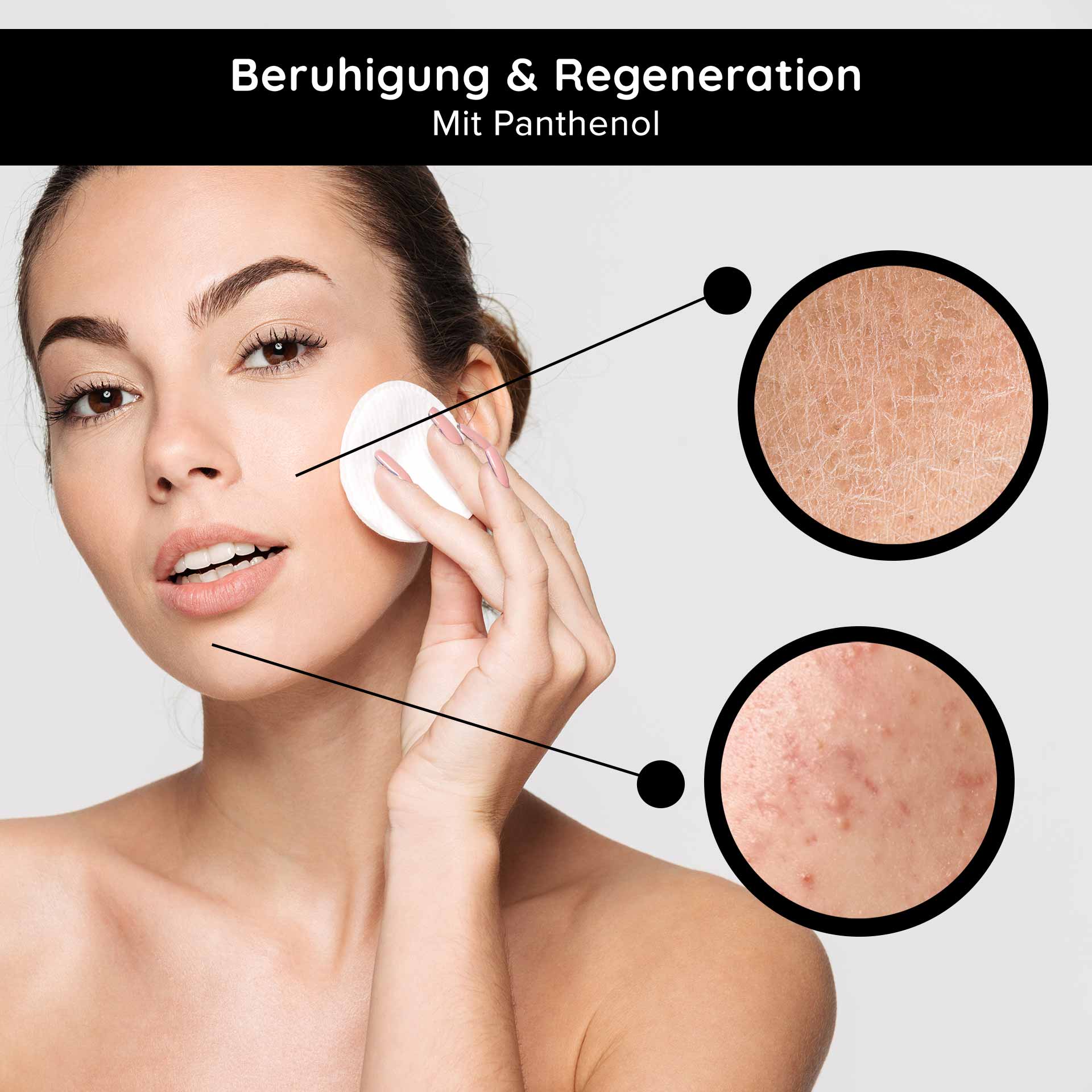 Caviar 24h Cream 50 мл Уход за кожей с экстрактом икры Frau mit Wattepad auf der Haut, zeigt beruhigende und regenerierende Wirkung von Panthenol, Hautprobleme wie Trockenheit und Unreinheiten im Fokus.