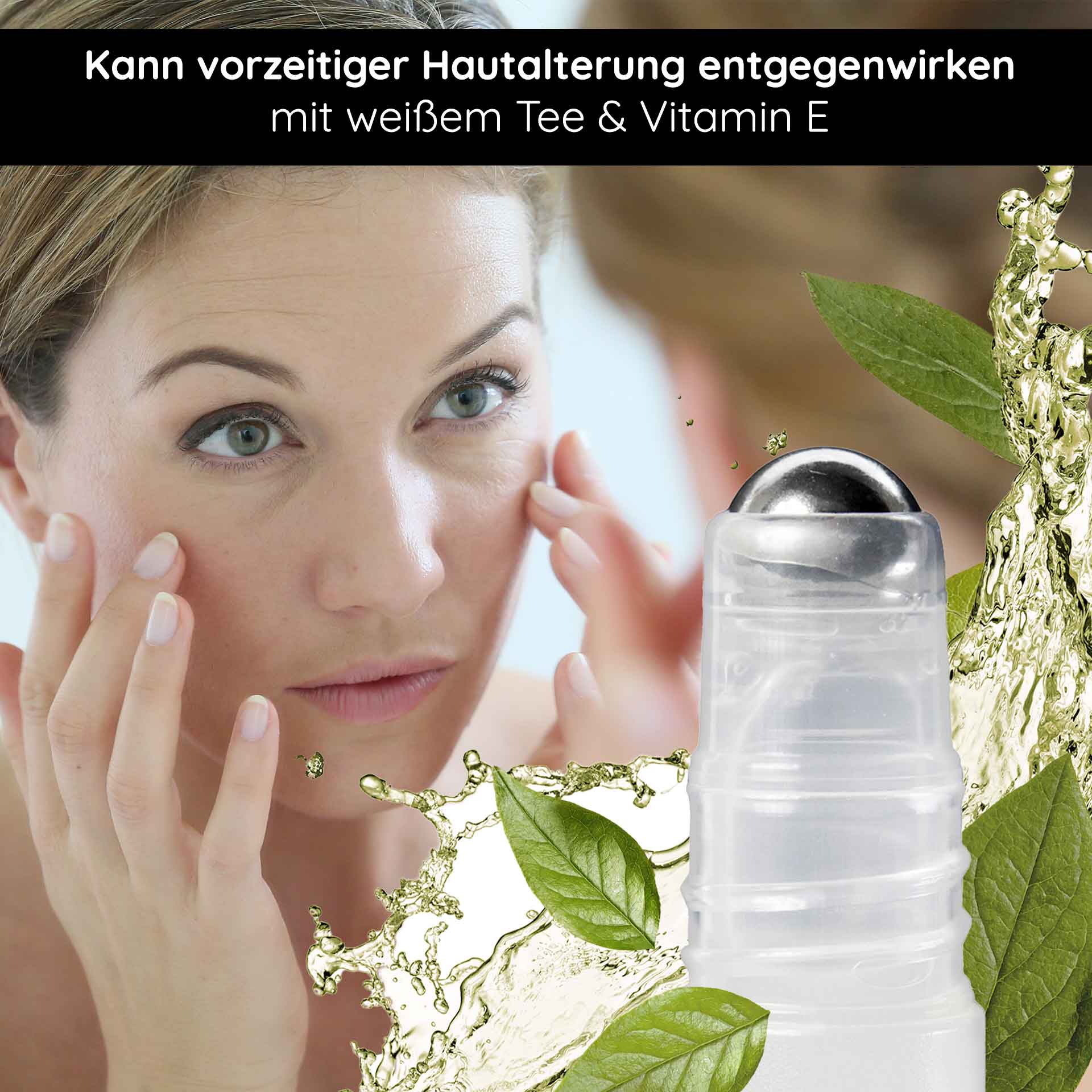 Антивозрастная сыворотка в роллете White Tea Express Lift Roll On Frau mit Roll-On-Applikator, der White Tea Express Lift Serum auf die Haut aufträgt, um vorzeitiger Hautalterung entgegenzuwirken, umgeben von grünen Blättern und Flüssigkeitselementen.