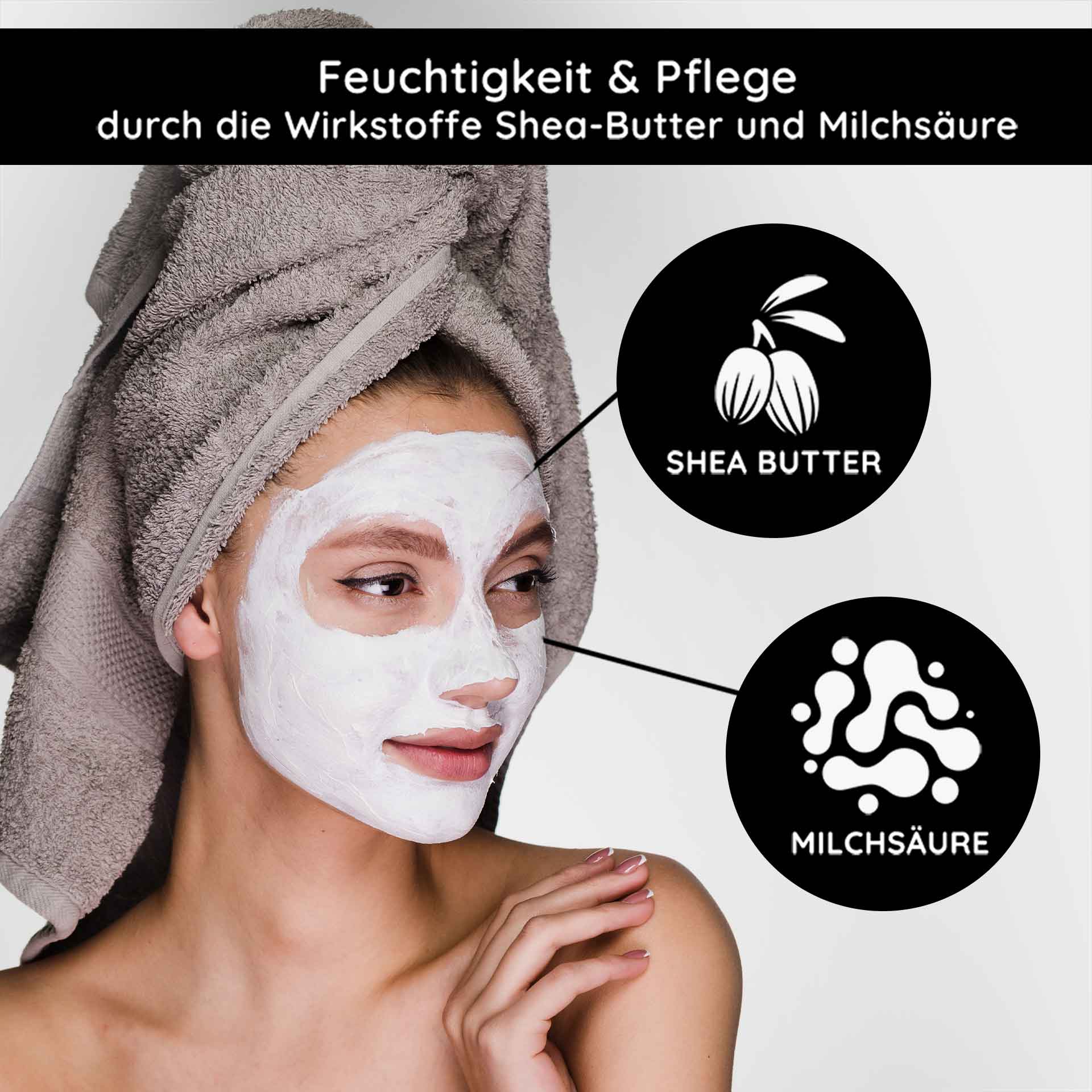 Маска для лица Mineral Mask 50 мл Матирующая маска для лица Frau mit Gesichtsmaske aus Heilerde, umgeben von Symbolen für Sheabutter und Milchsäure, betont feuchtigkeitsspendende und pflegende Eigenschaften der RAU Cosmetics Mineral Mask.