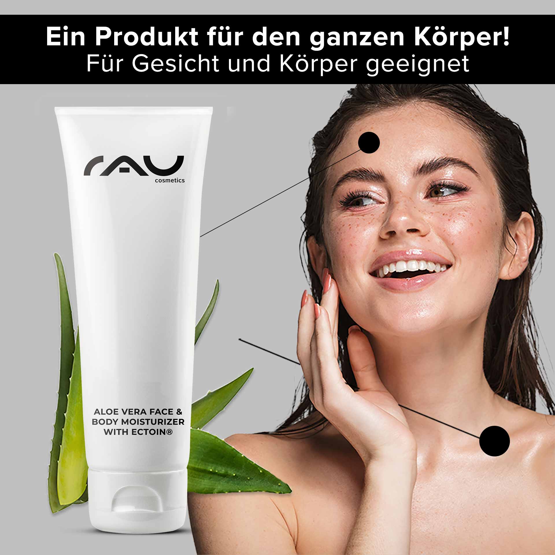 Увлажняющий крем для лица и тела с алоэ вера и эктоином® 75 мл Aloe Vera-Feuchtigkeitscreme für Gesicht und Körper mit Ectoin®-Tube neben einer lächelnden Frau, die Feuchtigkeitscreme auf ihr Gesicht aufträgt und die Vorteile der Feuchtigkeitsversorgung für alle Hauttypen hervorhebt.