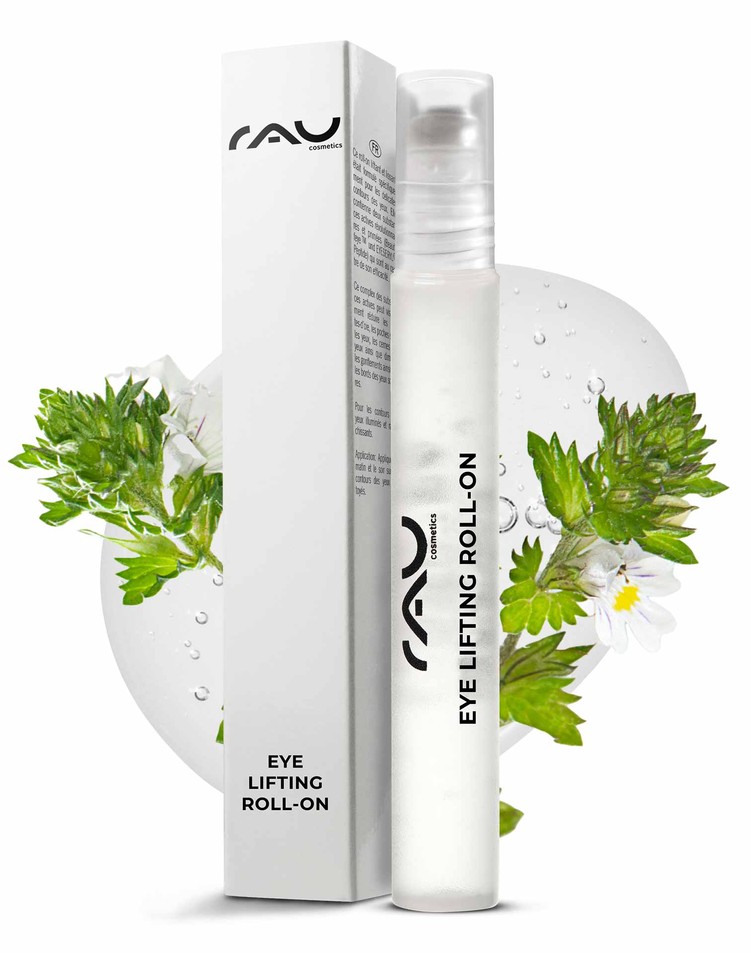 Eye Lifting Roll On 10 мл для сияния кожи вокруг глаз RAU Eye Lifting Roll-On-Verpackung mit Produktetikett, mit elegantem Design und pflanzlichen Elementen, die die Anti-Aging-Vorteile für die Augenpartie hervorheben.