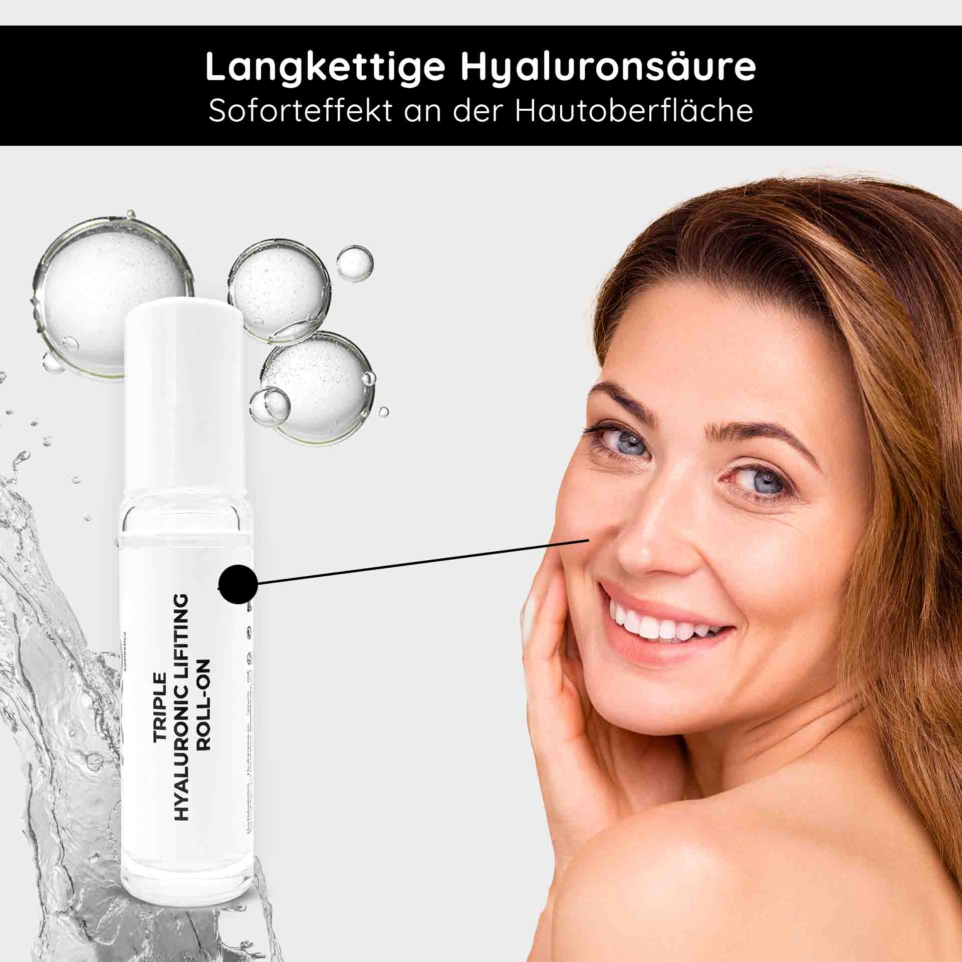 Ампулы с гиалуроновой кислотой 10х2 мл 3-кратного действия Triple Hyaluronic Lifting Roll-On 10 ml mit Hyaluronsäure und feuchtigkeitsspendender Wirkung, lächelnde Frau, die ihr Gesicht berührt und so die Anti-Aging-Wirkung der Hautpflege fördert.