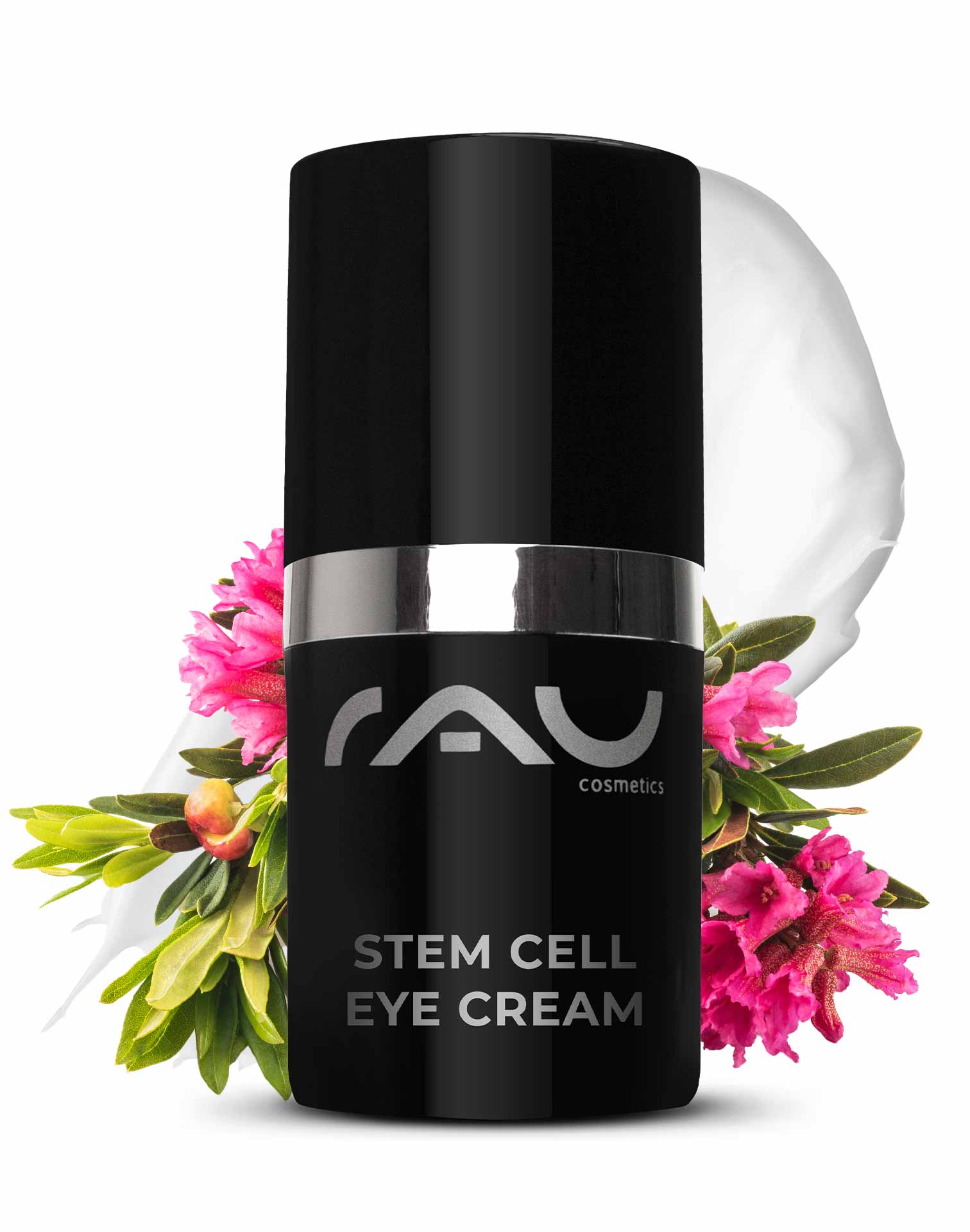 Крем для век со стволовыми клетками 15 мл Антивозрастной крем для век RAU Stem Cell Eye Cream in eleganter schwarzer Verpackung mit silbernen Akzenten, umgeben von rosa Blumen, die die Anti-Aging-Vorteile für die empfindliche Haut um die Augen betonen.
