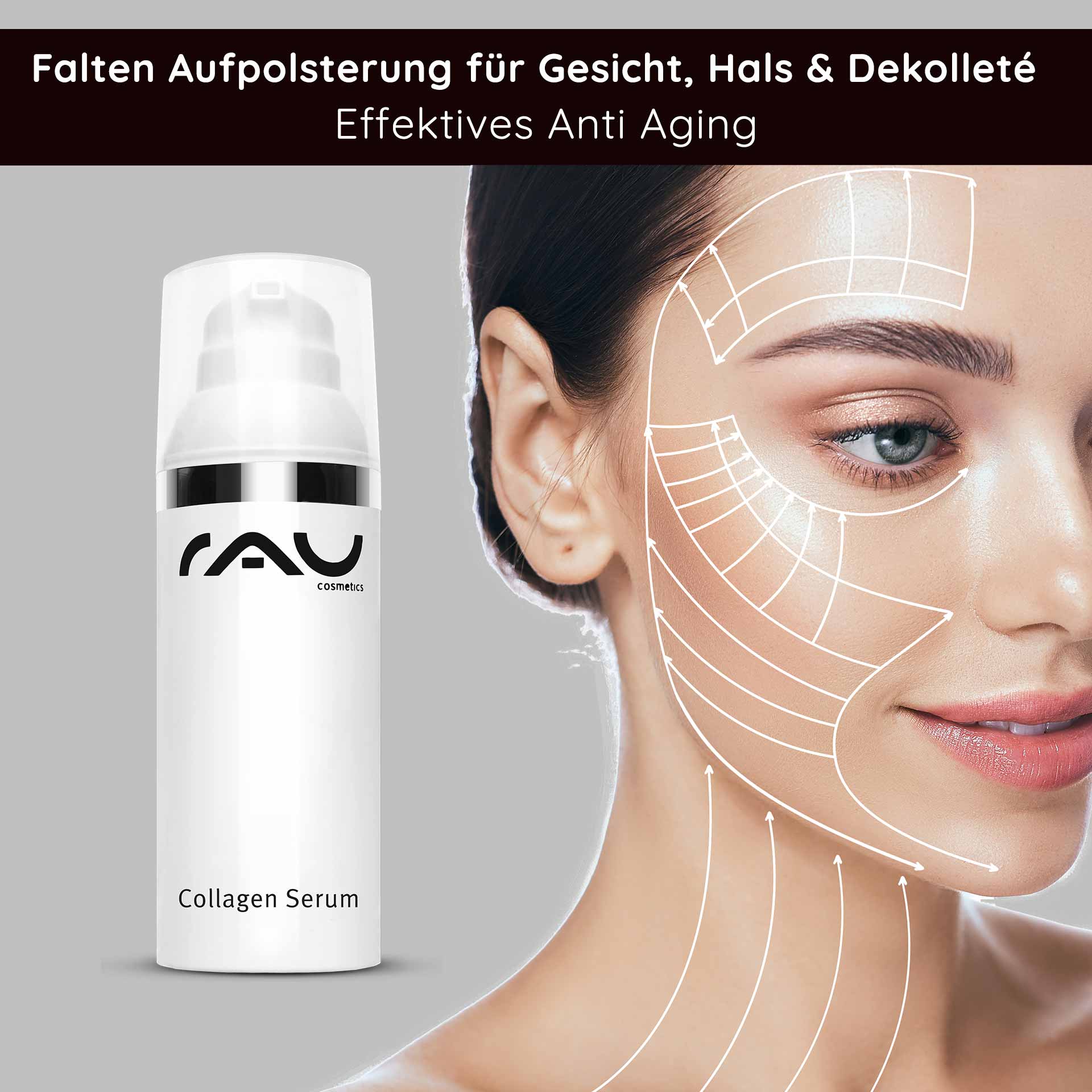 Коллагеновая сыворотка 50 мл Антивозрастной уход с трилагеном Collagen Serum von RAU Cosmetics mit Faltenaufpolsterung für Gesicht, Hals und Dekolleté, Anti-Aging Wirkung, Anwendungshinweise und Hautpflegegrafik.