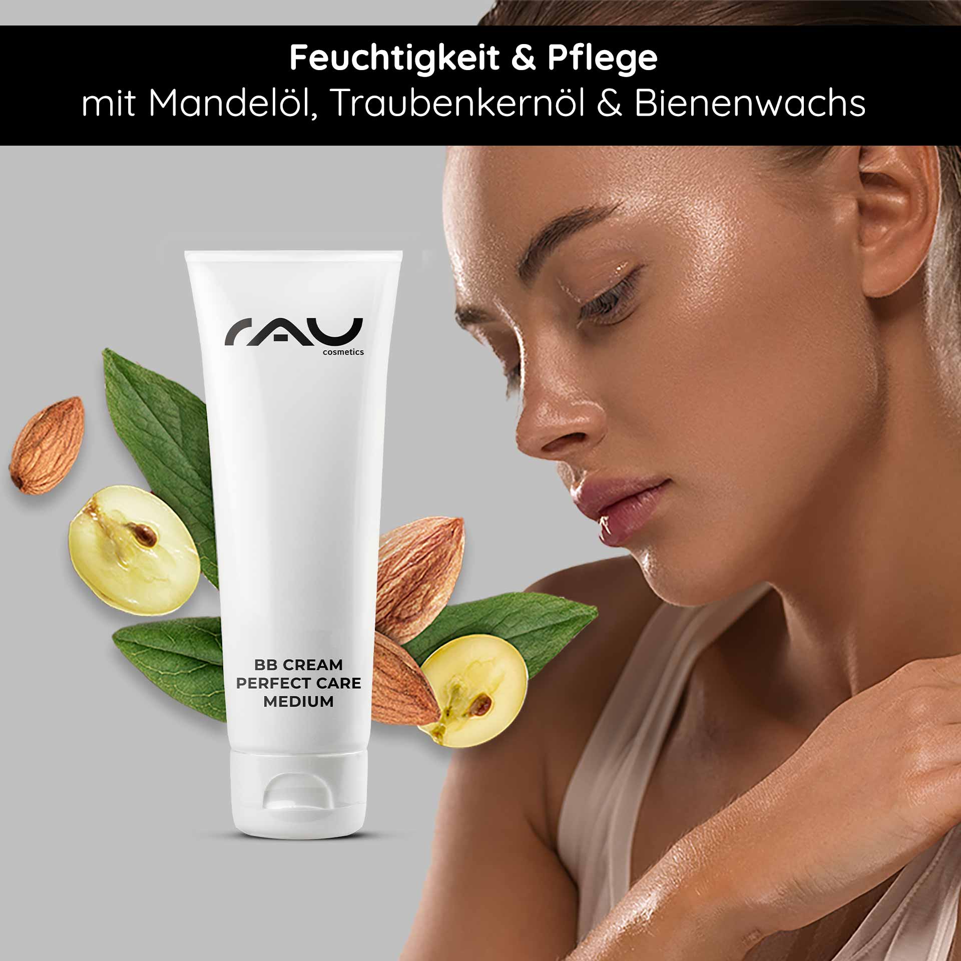 BB крем Perfect Care Medium 75 мл SPF 12 Макияж и уход RAU Cosmetics BB Cream Perfect Care Mittlere Tube mit Mandeln und Blättern, mit besonderer Betonung der feuchtigkeitsspendenden und hautpflegenden Wirkung.