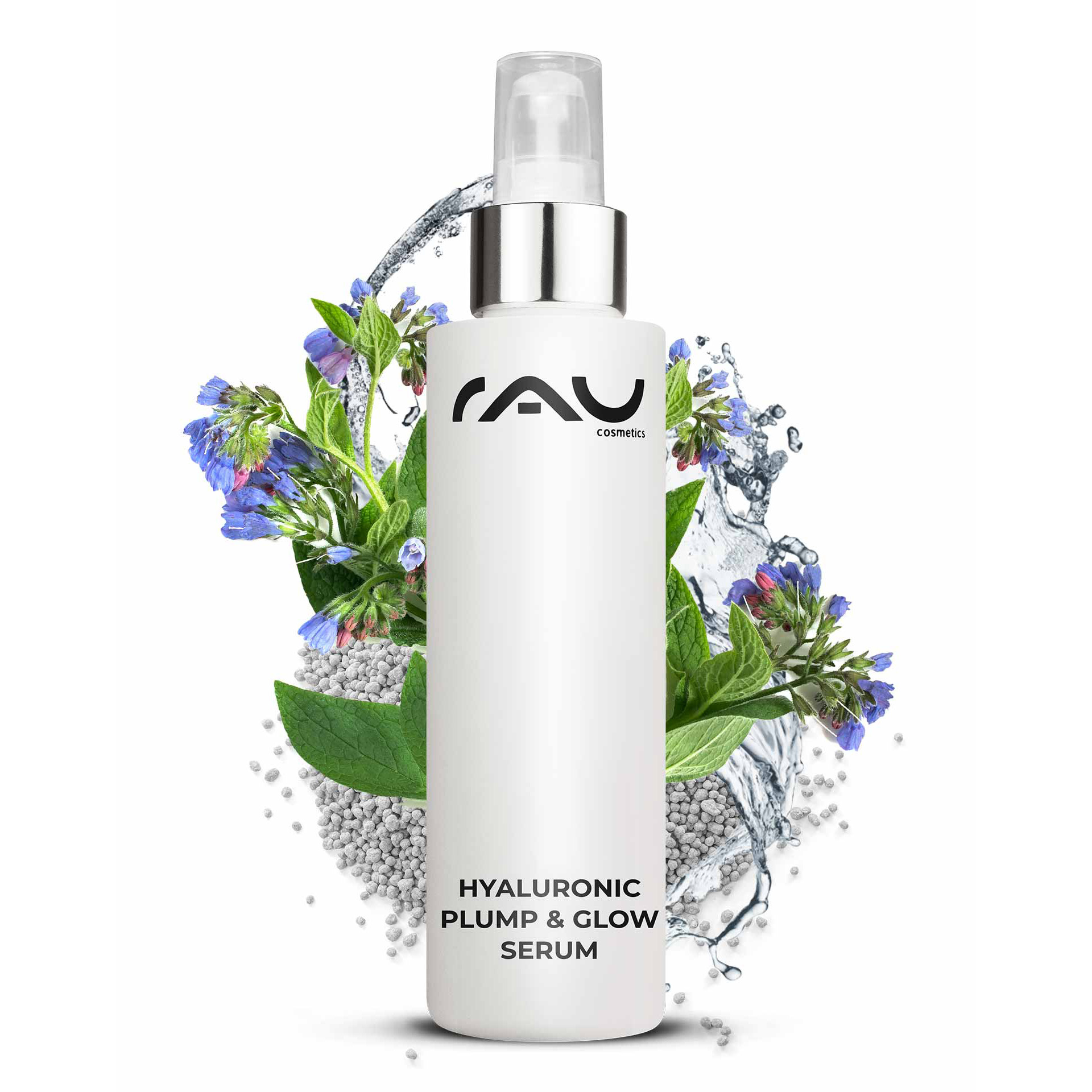 RAU Cosmetics Hyaluronic Plump & Glow Serum 100 мл Kräuterig, Pflanze, Flasche, Kosmetik, Parfüm
