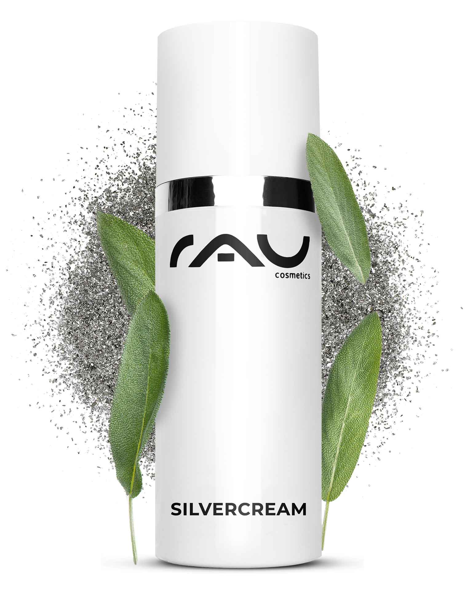 Крем против прыщей с загрязнениями Silvercream 50 мл для мужчин и женщин RAU Silvercream-Verpackung mit Logo, Silberpartikeln und grünen Blättern, entwickelt für zu Akne neigende und empfindliche Haut, wobei die beruhigenden und entzündungshemmenden Eigenschaften hervorgehoben werden.