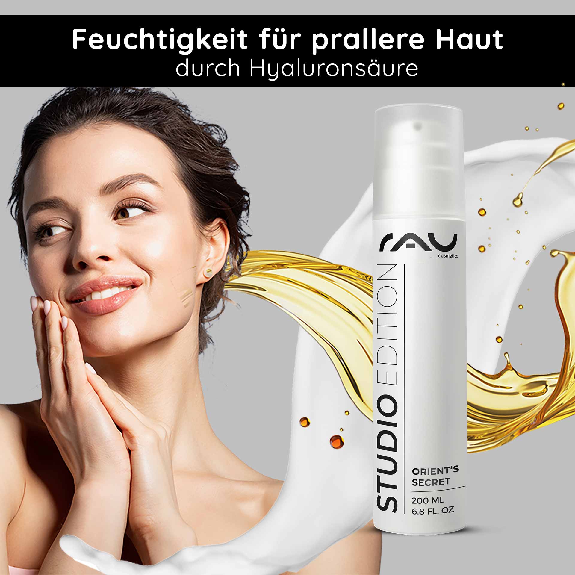 Orient's Secret 200 мл с пудрой амнетиста RAU Cosmetics Orient's Secret Gesichtscreme mit Hyaluronsäure, Modelliercreme zum Auftragen, mit goldenem Liquid Splash, 200 ml Verpackung.