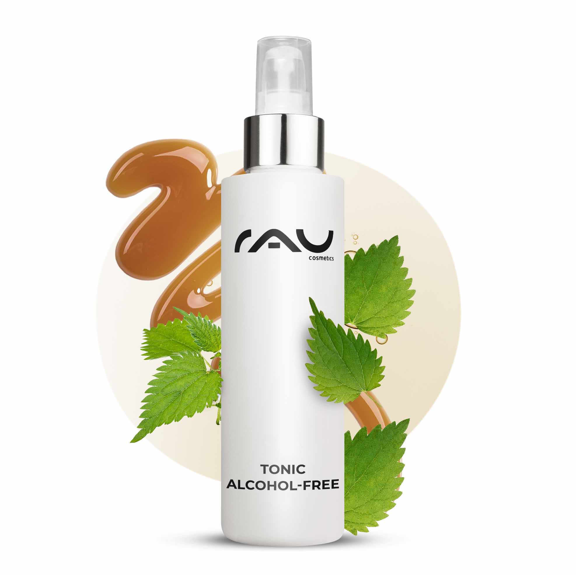 Тоник без спирта 200 мл с экстрактом крапивы Tonic ohne Alkohol von RAU Cosmetics in einer weißen Sprühflasche mit silberner Kappe, mit Brennnesselblättern und einem braunen Flüssigkeitswirbel, der die sanfte und effektive Hautpflege für empfindliche und trockene Haut unterstreicht.