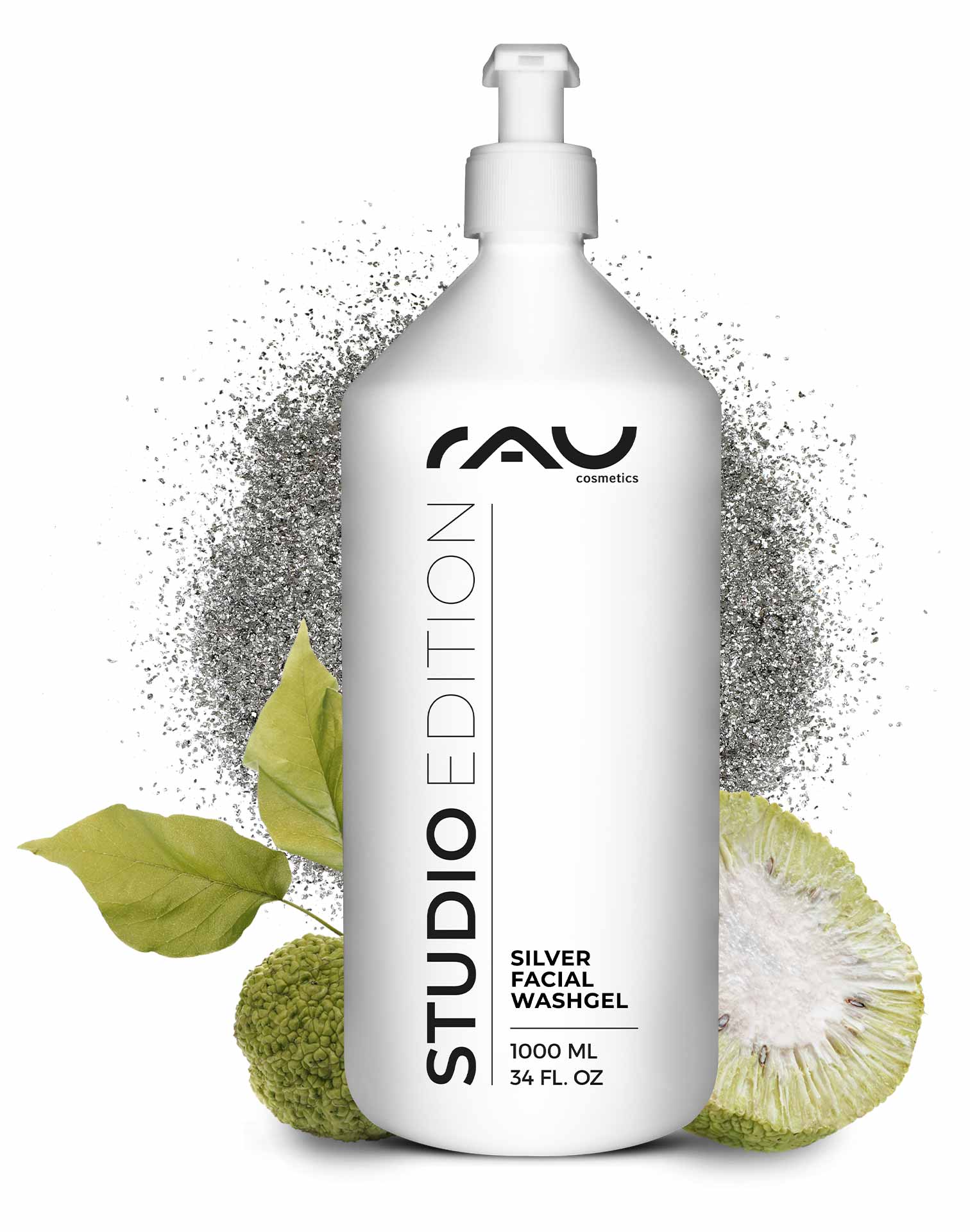 Серебряный гель для умывания лица 1000 мл Гель для умывания Microsilver Flasche RAU Silver Facial Washgel 1000 ml mit Antimikrobielle Wirkung, umgeben von grünen Blättern und grafischen Elementen, für sanfte Reinigung und Hautpflege.