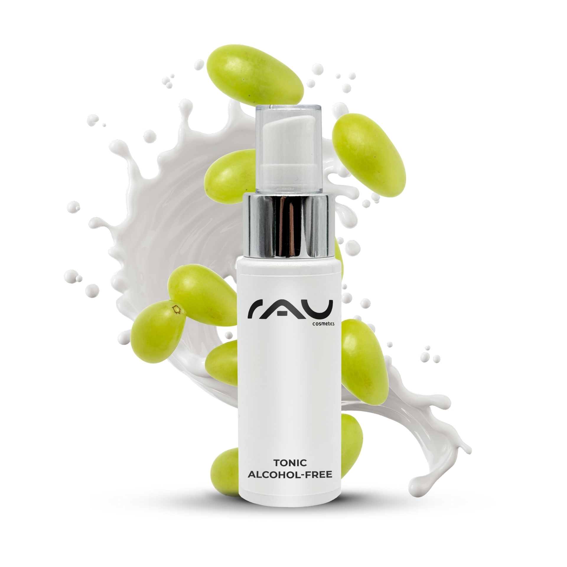 RAU Tonic alcohol-free 75 мл - для глубокого и тщательного очищения кожи лица (без спирта) Alkoholfreie Gesichtswasserflasche RAU Tonic mit Brennnesselextrakt, umgeben von grünen Trauben und Flüssigkeitsspritzern, die die sanfte Reinigung empfindlicher Haut betonen.