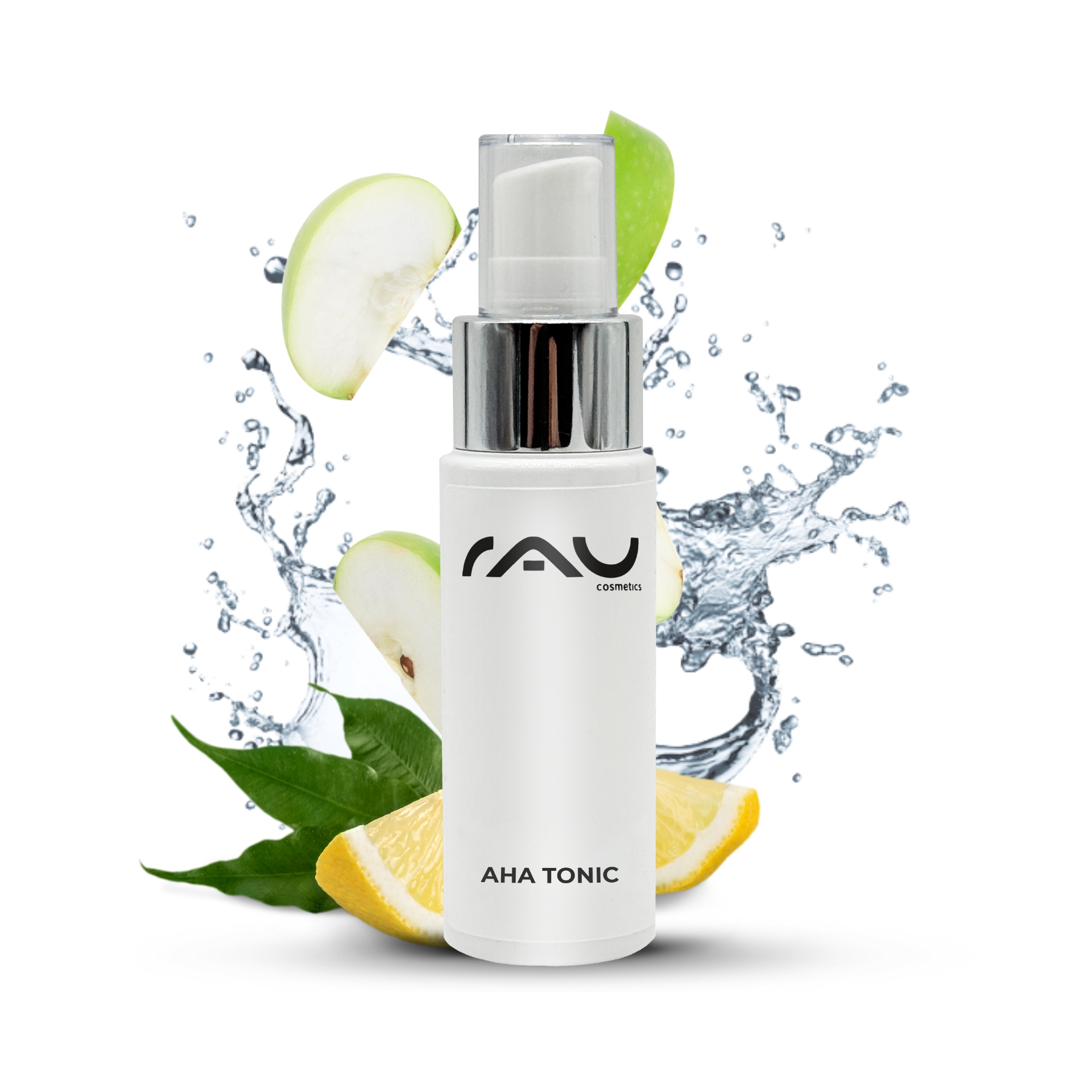 RAU AHA Tonic-Flasche mit einem Spritzer Wasser, grünen Apfelscheiben und Zitrone, die die erfrischende Hautpflegewirkung mit milden Fruchtsäuren hervorhebt.