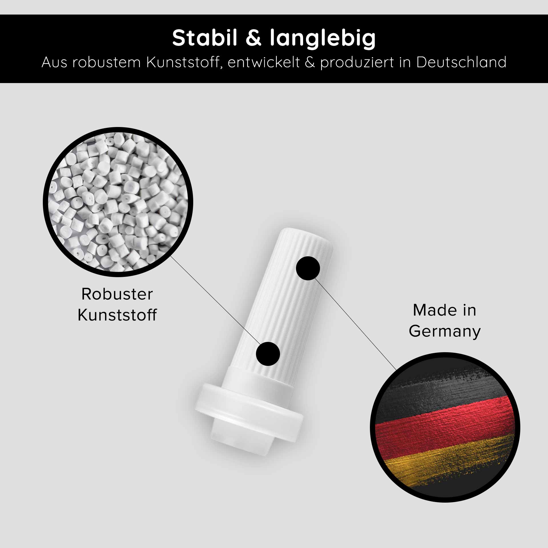 Ампульный аппликатор для ампул объемом 2 мл Ampullen Applikator aus robustem Kunststoff, hergestellt in Deutschland, mit Hinweisen zu Stabilität und Langlebigkeit.
