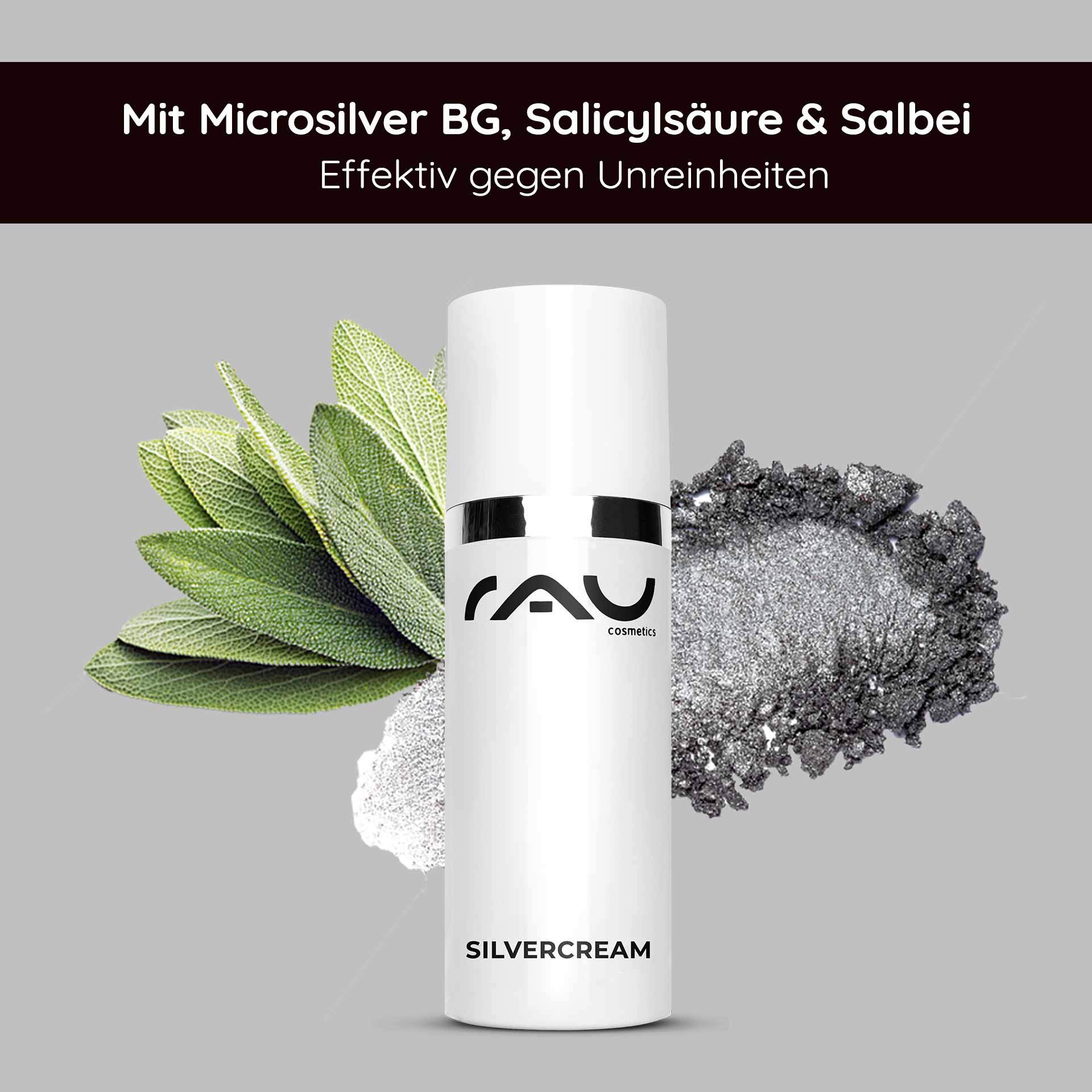 Крем против прыщей с загрязнениями Silvercream 50 мл для мужчин и женщин Verpackung der RAU Silvercream mit Mikrosilber, Salicylsäure und Salbei zur Behandlung von Hautunreinheiten auf grauem Hintergrund.