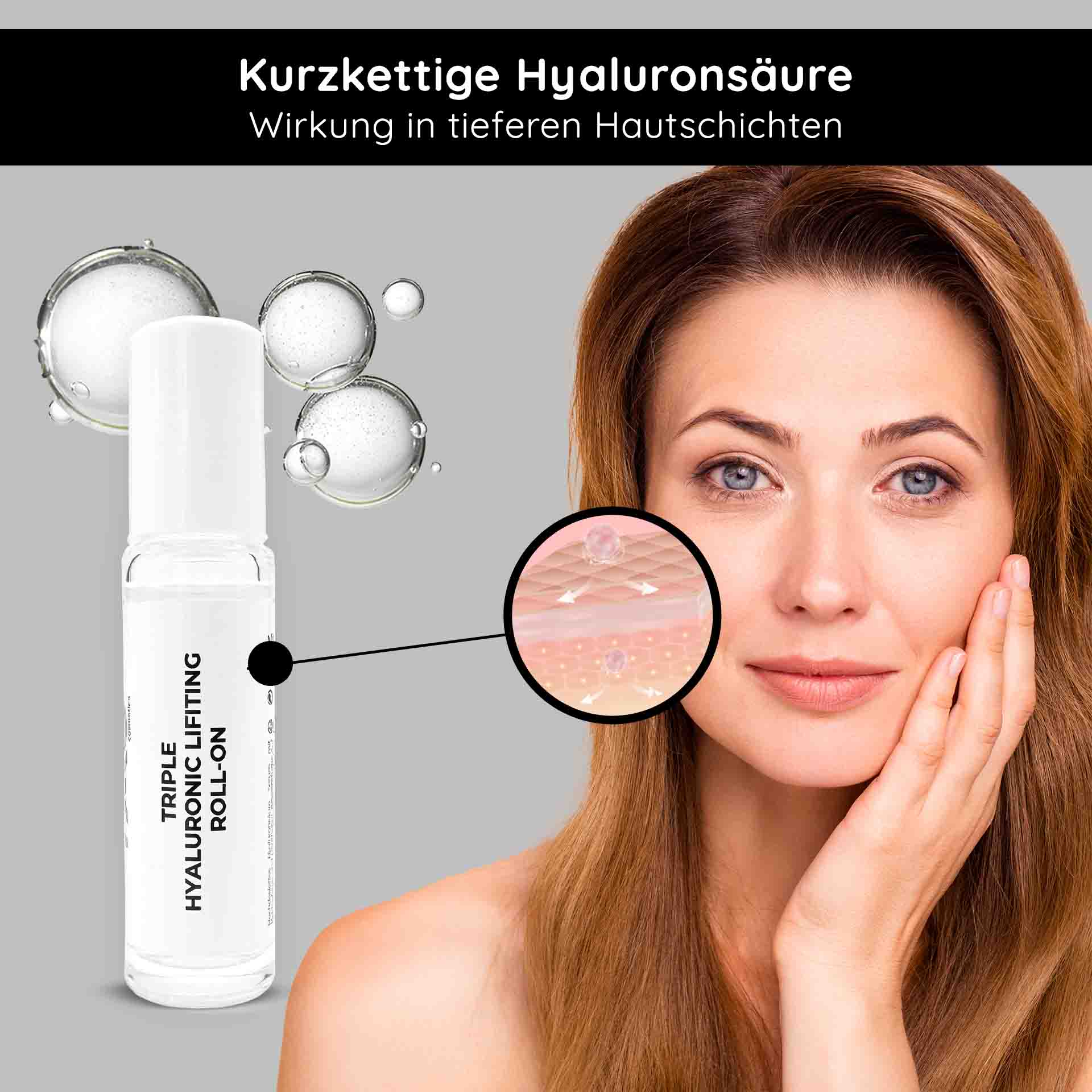 Ампулы с гиалуроновой кислотой 10х2 мл 3-кратного действия Roll-On mit dreifachem Hyaluron-Lifting-Serum mit Hyaluronsäure-Kügelchen und einer Frau, die das Serum auf ihr Gesicht aufträgt und dabei die tiefe Feuchtigkeitsversorgung der Haut und die Anti-Aging-Wirkung betont.