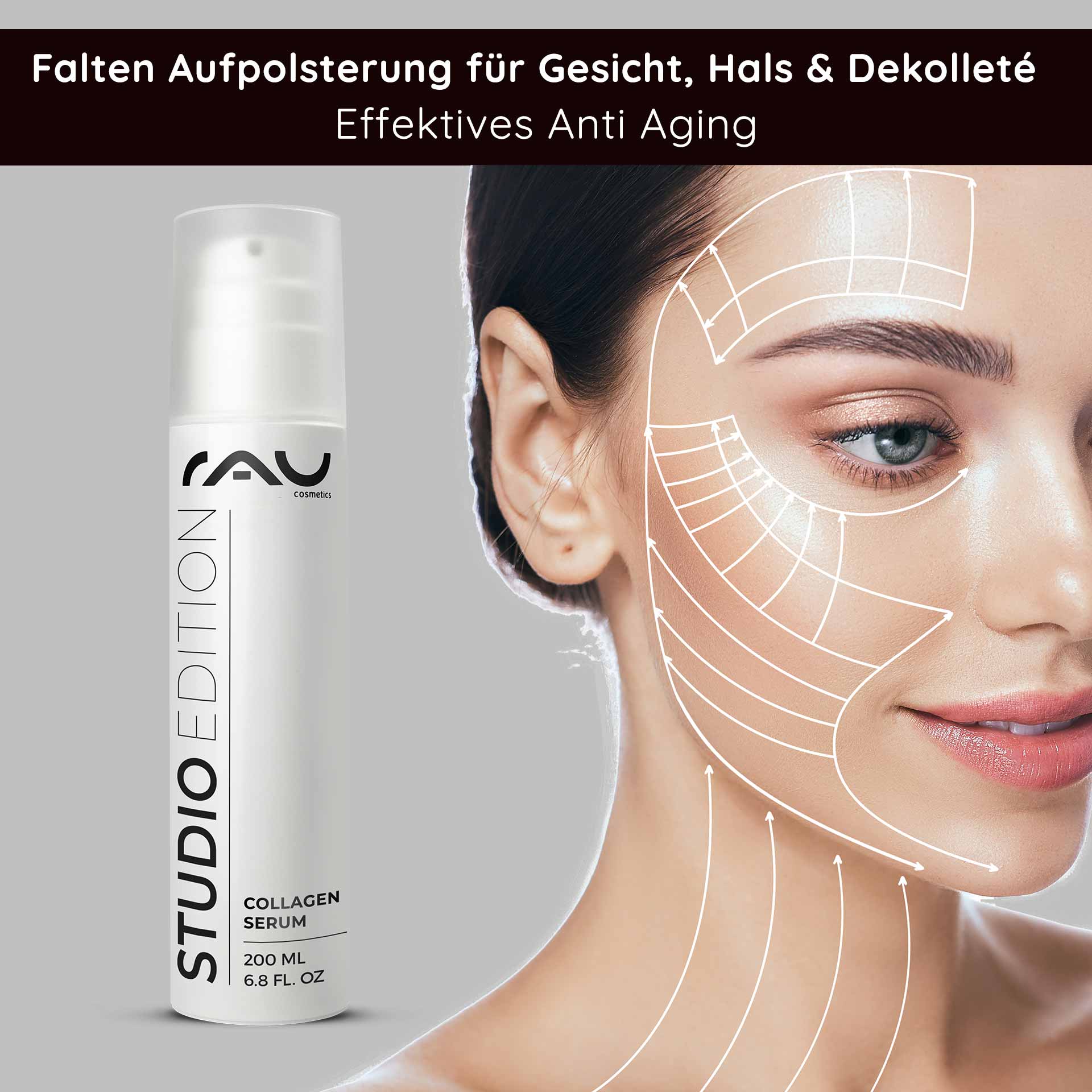 Коллагеновая сыворотка 200 мл Антивозрастной уход с трилагеном Flasche RAU Collagen Serum mit Anti-Aging-Wirkung, mit dem Gesicht eines Models und Anwendungsanweisungen zur Hautverjüngung und Faltenreduzierung.