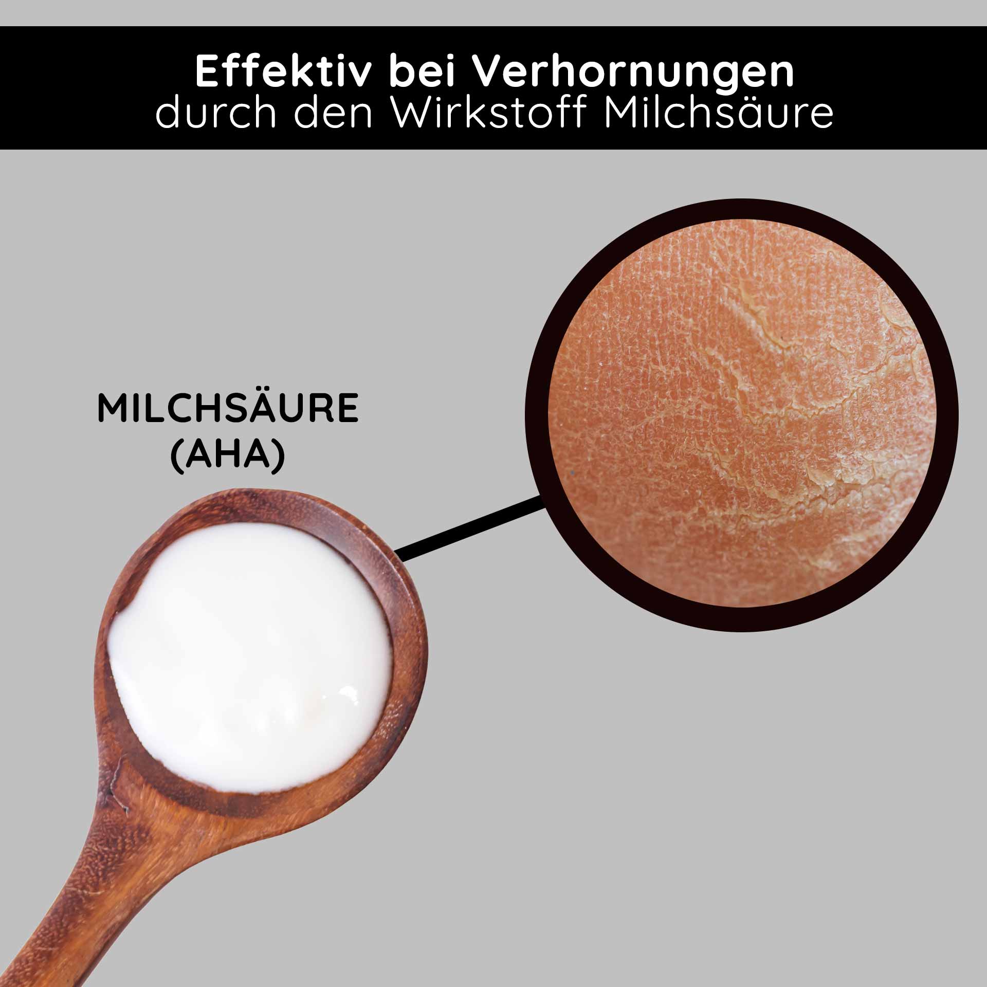 Крем с фруктовыми кислотами и BHA 50 мл - Крем с фруктовыми кислотами BHA Milchsäure (AHA) in einem Holzlöffel, wirksam gegen Verhornungen, mit Hauttextur im Detail.