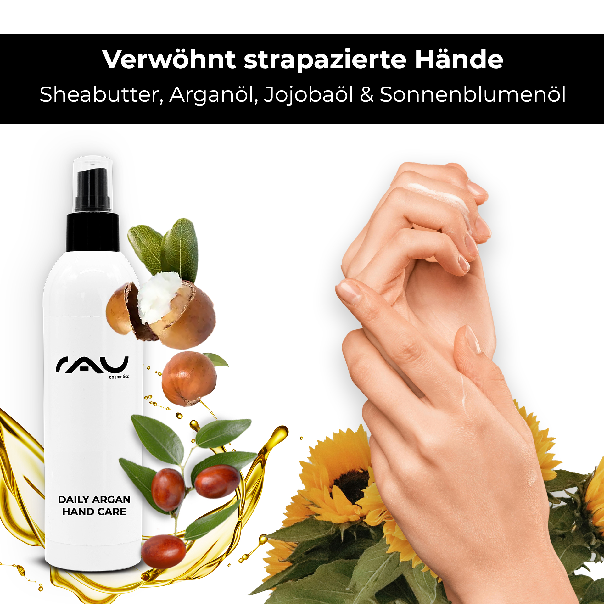 RAU Daily Argan Hand Care 75 мл - питательный крем для рук для усталых и сухих рук Flasche, Finger, Person, Lotion, Kräuterig