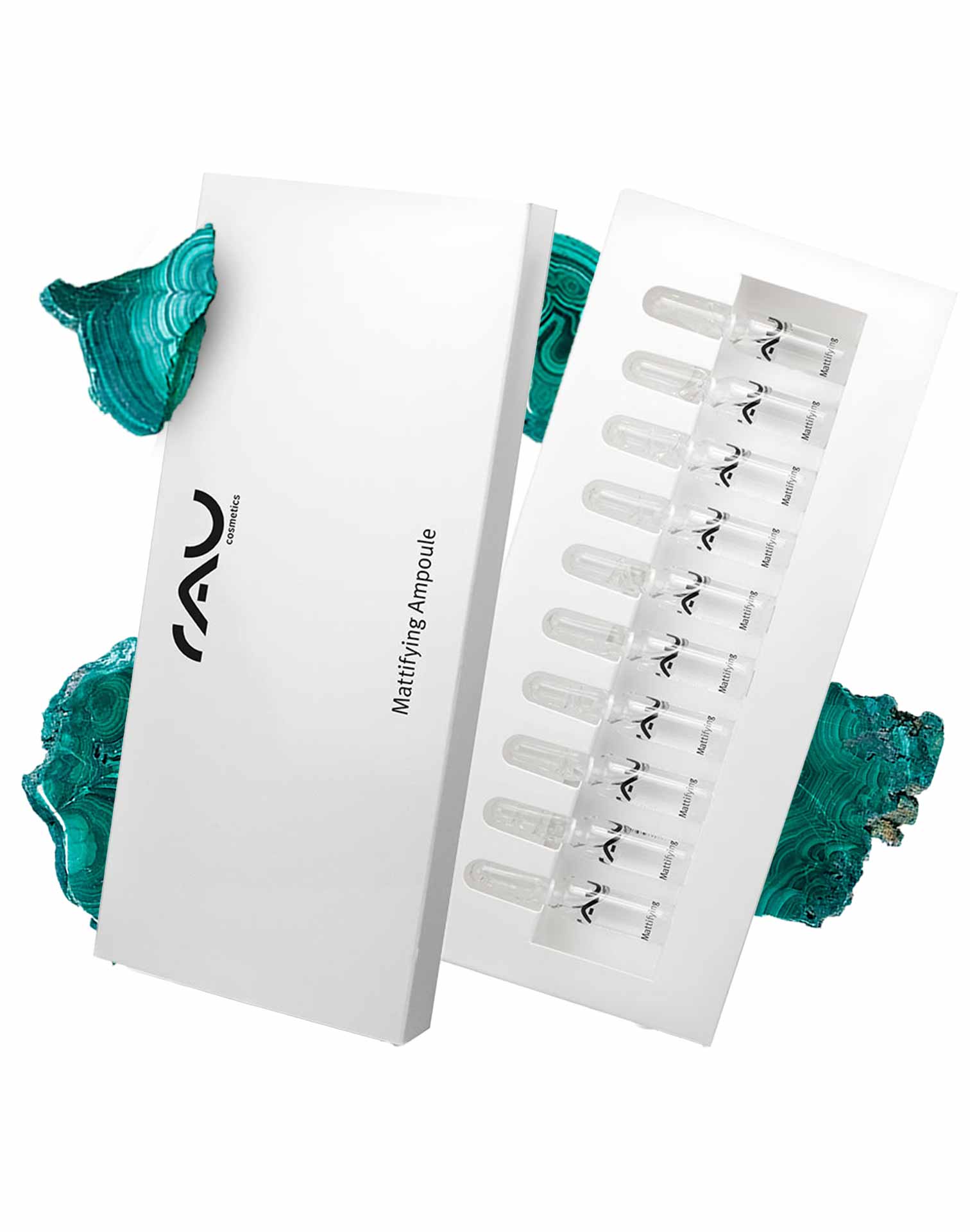 Ампулы матирующие 10х2 мл Матирующие с дикой фисташкой Mattierende Ampullen von RAU Cosmetics in einer eleganten weißen Verpackung mit durchsichtigen Glasfläschchen, die hochwertige Hautpflegelösungen hervorheben.