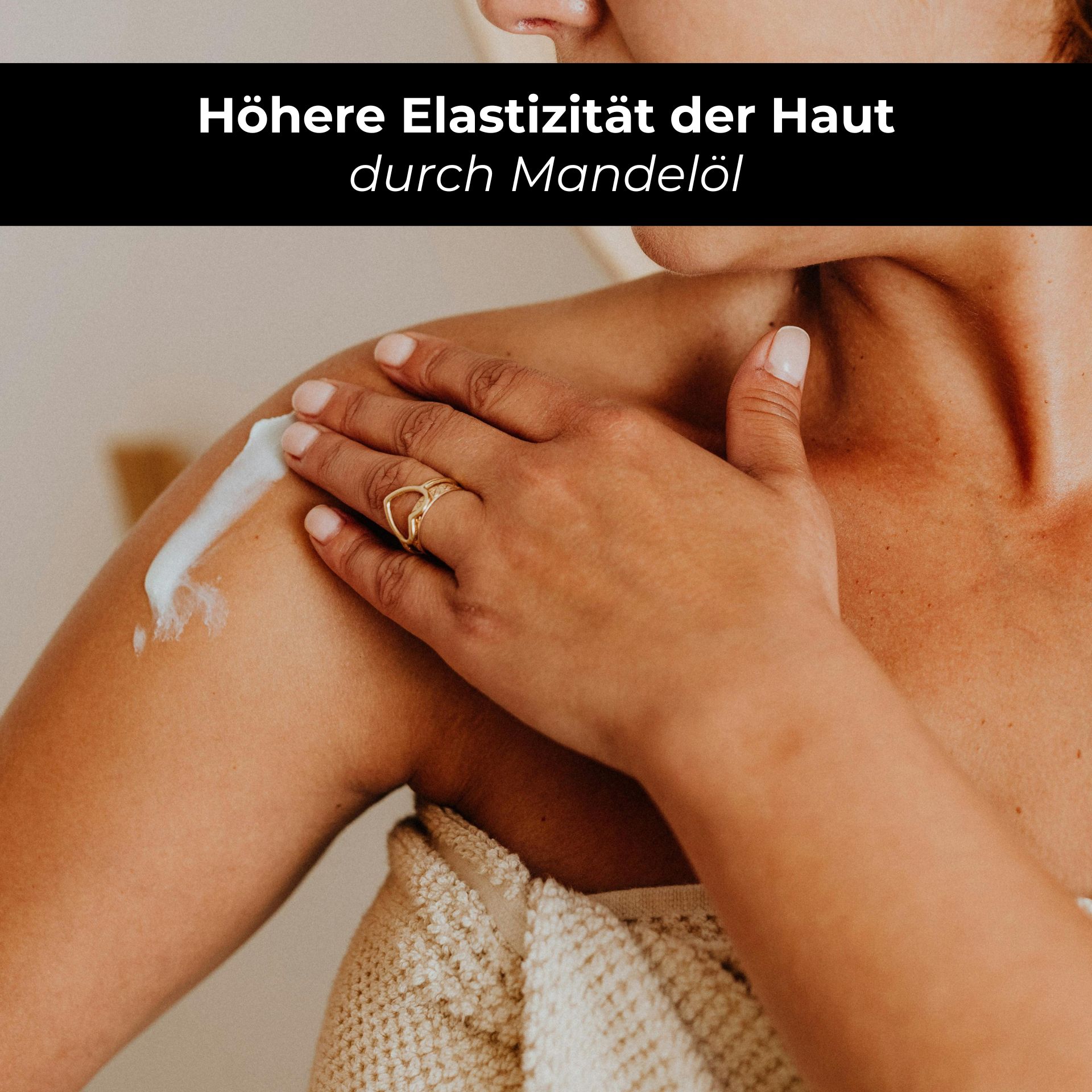 RAU White Tea Body Lotion 200 мл - насыщенный люкс-уход для тела Frau trägt reichhaltige Körperlotion auf ihre Schulter auf, betont höhere Hautelastizität durch Mandelöl, im Kontext der RAU White Tea Body Lotion.