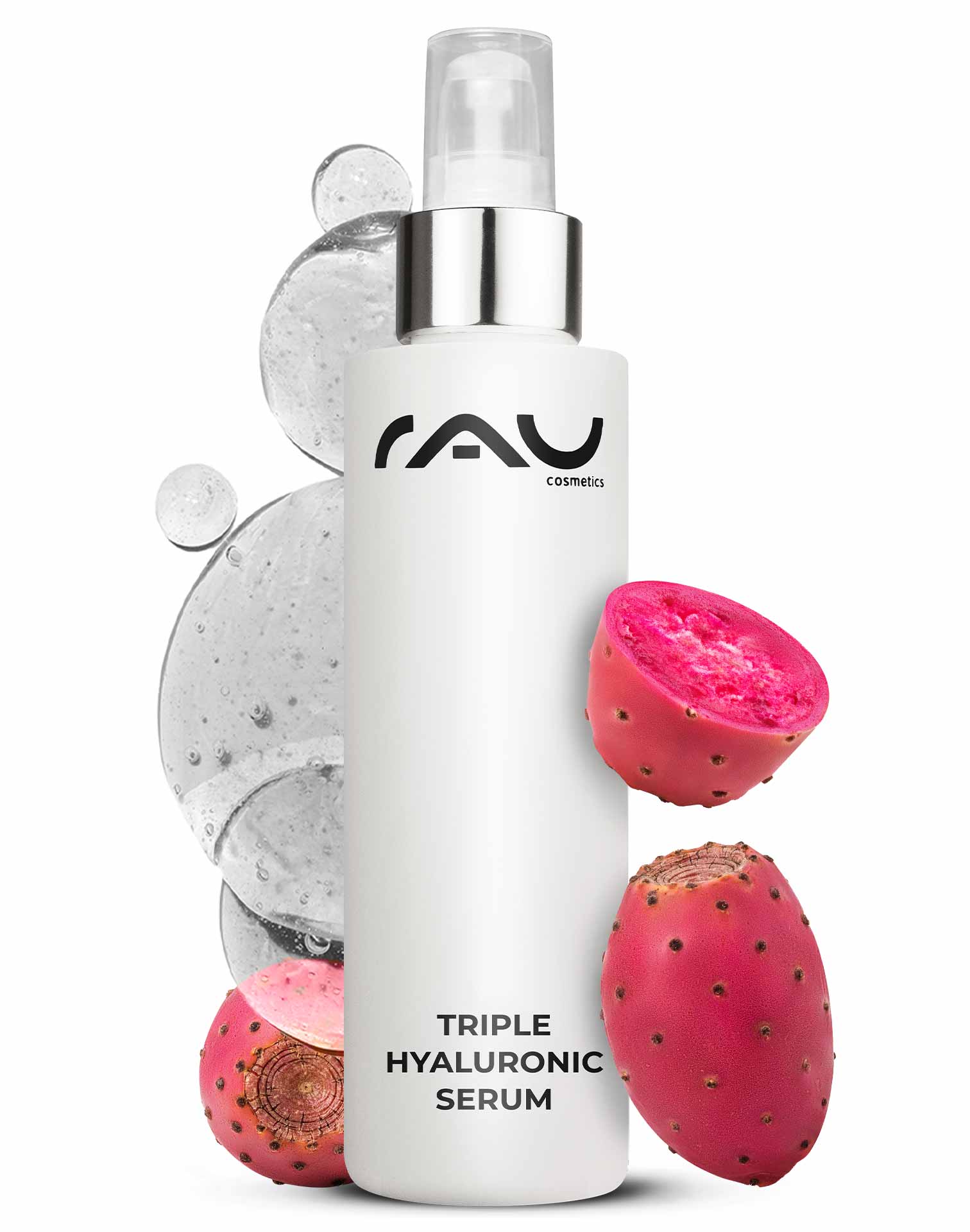 Тройная гиалуроновая сыворотка 100 мл с пантенолом и гиалуроном Flasche des Triple Hyaluronic Serum von RAU Cosmetics mit rosa Feigenkaktusfrüchten und Wassertropfen, die die Feuchtigkeitsversorgung und Anti-Aging-Vorteile für die Hautpflege fördern.
